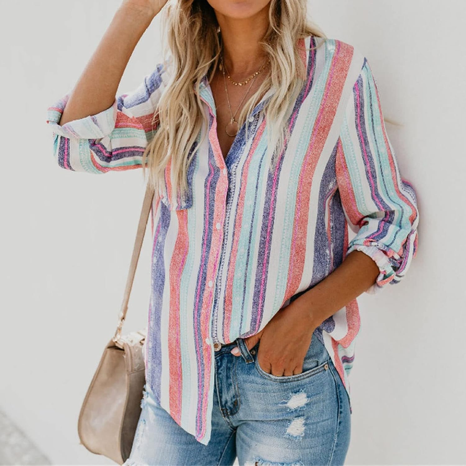 DGHM-JLMY Ladies Fashion Color Striped Shirt Striped Color Block Oversized Button Down Shirt Striped Print Loose Blouse Shirt