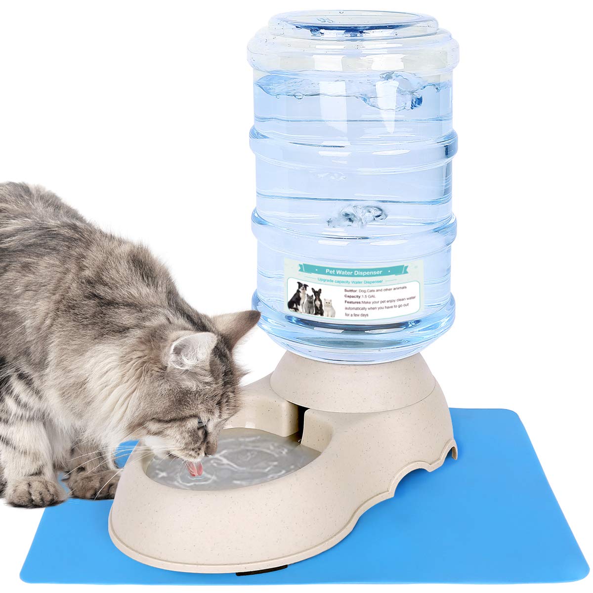 Pawzone Automatic Cat Water Dispenser With Pet Food Rubber Mat For Small Medium Dog Pets Puppy Kitten Big Capacity 1.5 Gallon (Blue) (B08HMJJMHS) Amazon Price History, Amazon Price Tracker
