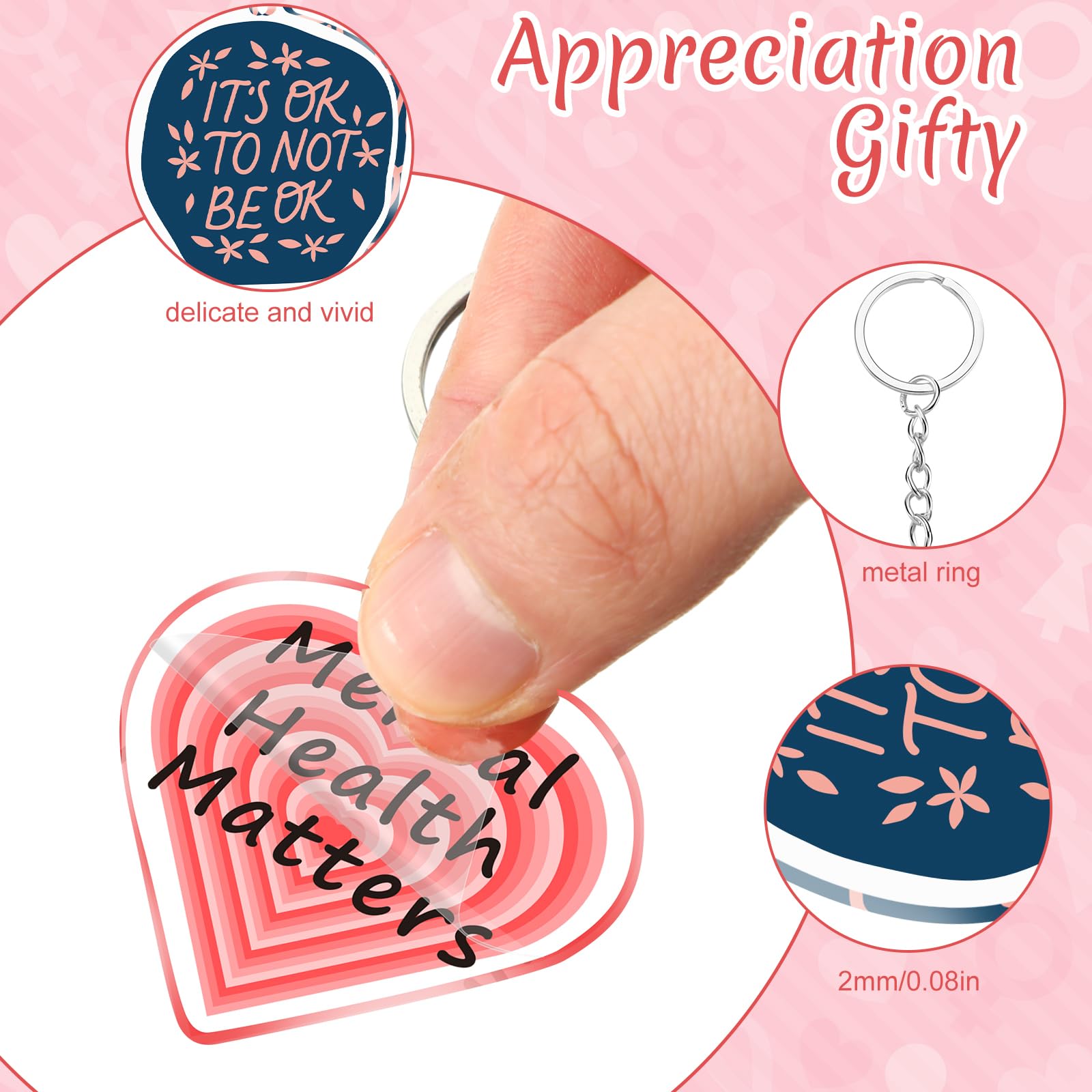 Remuuly 50 Pcs Mental Health Gifts for Women Healthy Keychain Gifts Acrylic Green Ribbon Inspirational Key Ring for Women Men