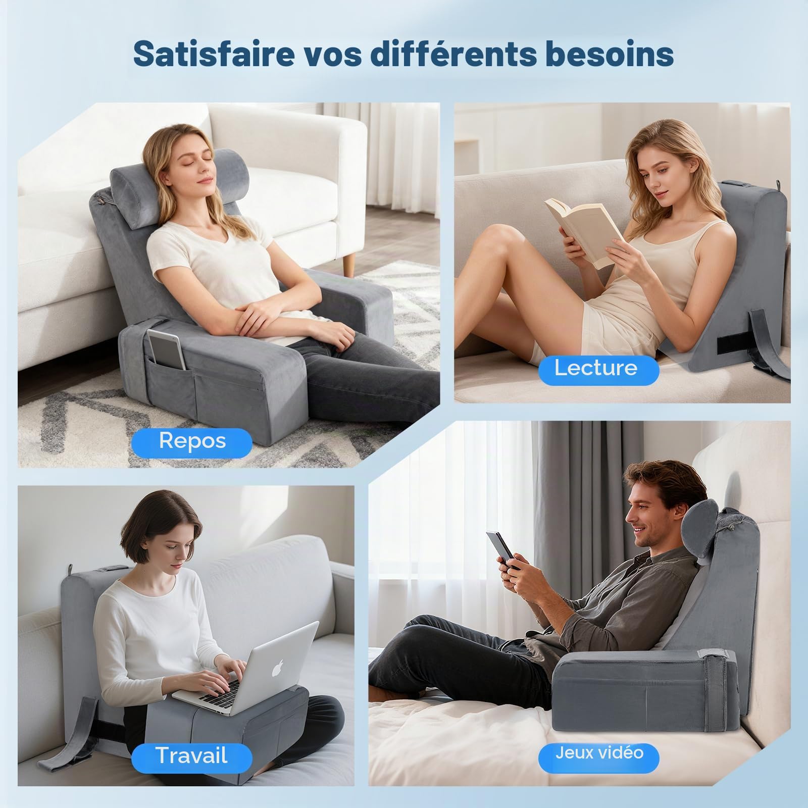 Coussin de lecture ergonomique avec appui-tête et accoudoirs amovibles, support dorsal pour lit, canapé, sol, réglable pour la lecture, le travail et la détente