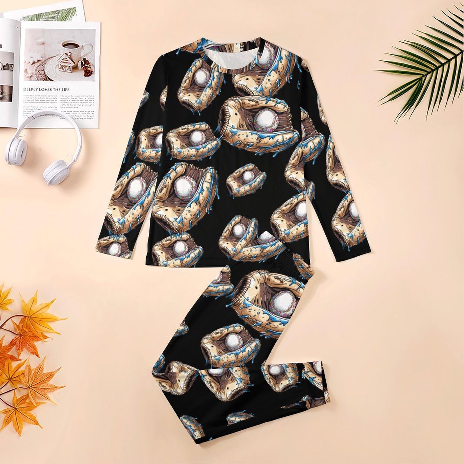 Conjunto de pijama para hombre con guantes de béisbol, cuello redondo, 2 piezas, manga larga, suave parte superior e inferior, transpirable para todas las estaciones