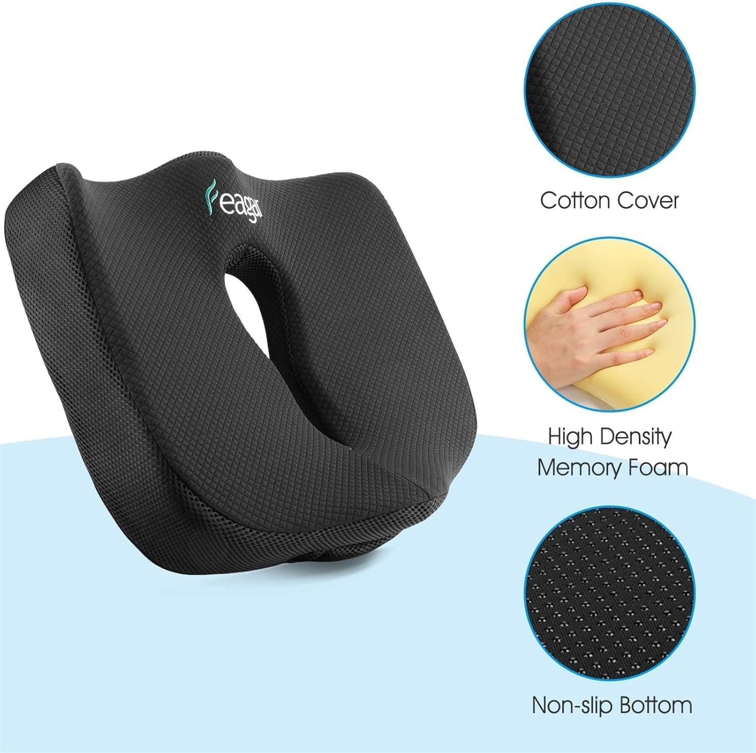 Feagar Cuscino per Sedile - Cuscini Ergonomico Sedile per Coccige Sciatica Lombare - Cuscino Memory Foam per Ufficio Casa Auto Sedia a Rotelle, Nero