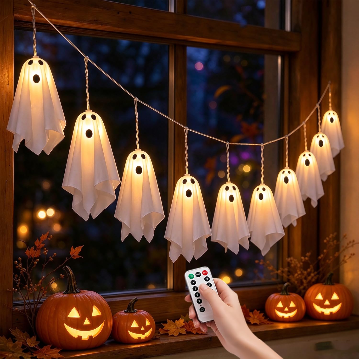 NULIYA Halloween Decorations，10 Ghost Light Up Hanging Ornaments 2.75M, 8 Light Modes for Front Yard Patio Lawn Garden Party Porch Indoor Outdoor Decor