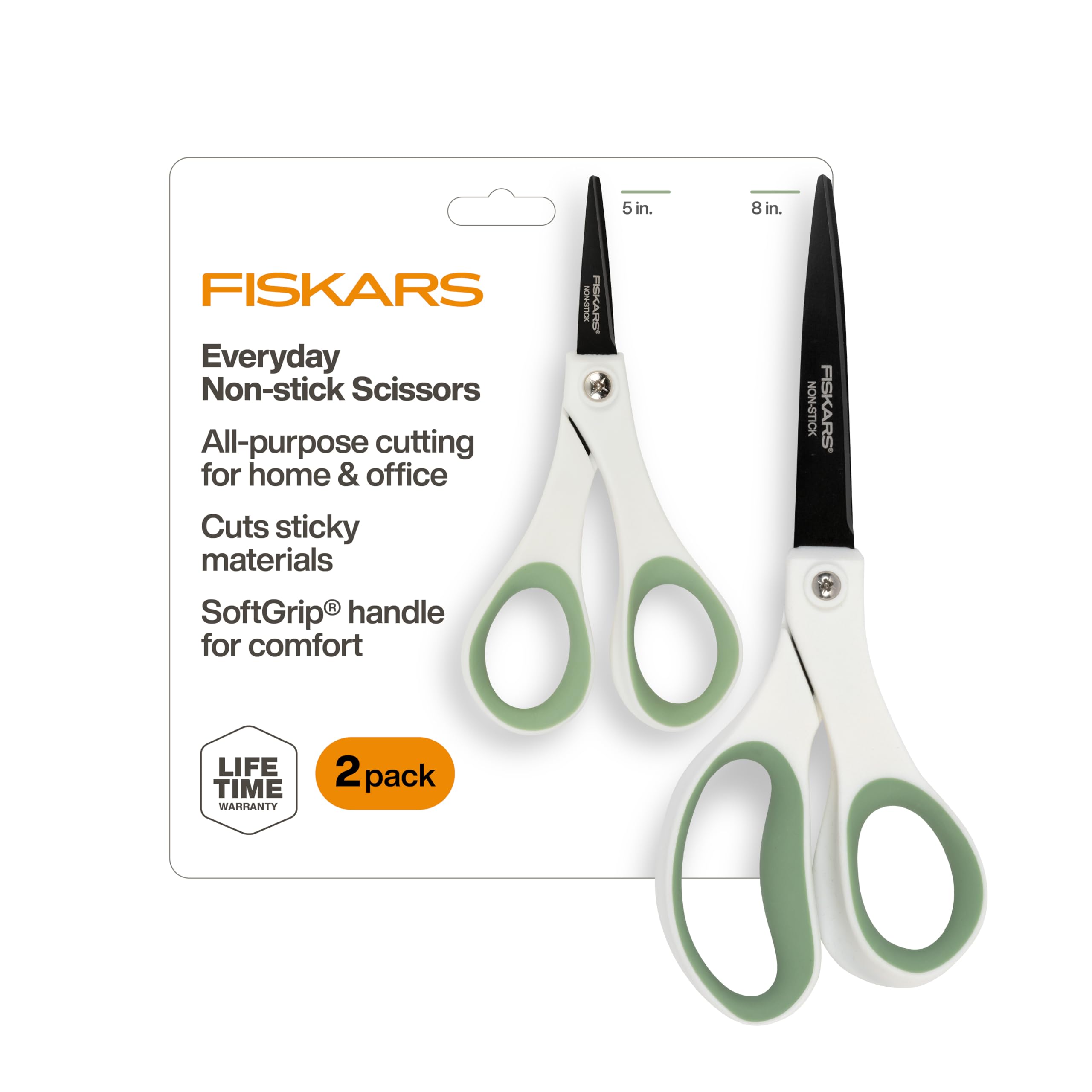 8" & 5" Everyday NonStick SoftGrip All Purpose Scissors Set, 2-Pack | Ideal For Cutting Sticky Materials like Tape & Glue, Ergonomic SoftGrip Handles for Home, Office & Crafts, White & Green