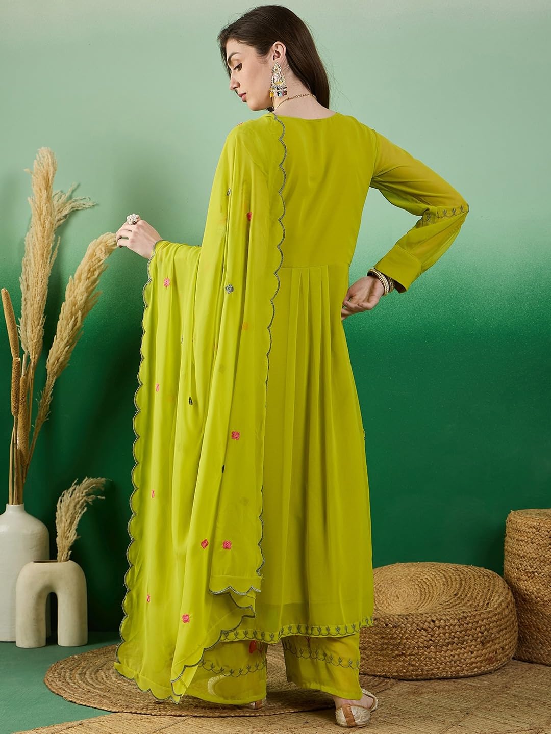 Fashion Basket Georgette Straight Floral Plazzo Kurta Set Green