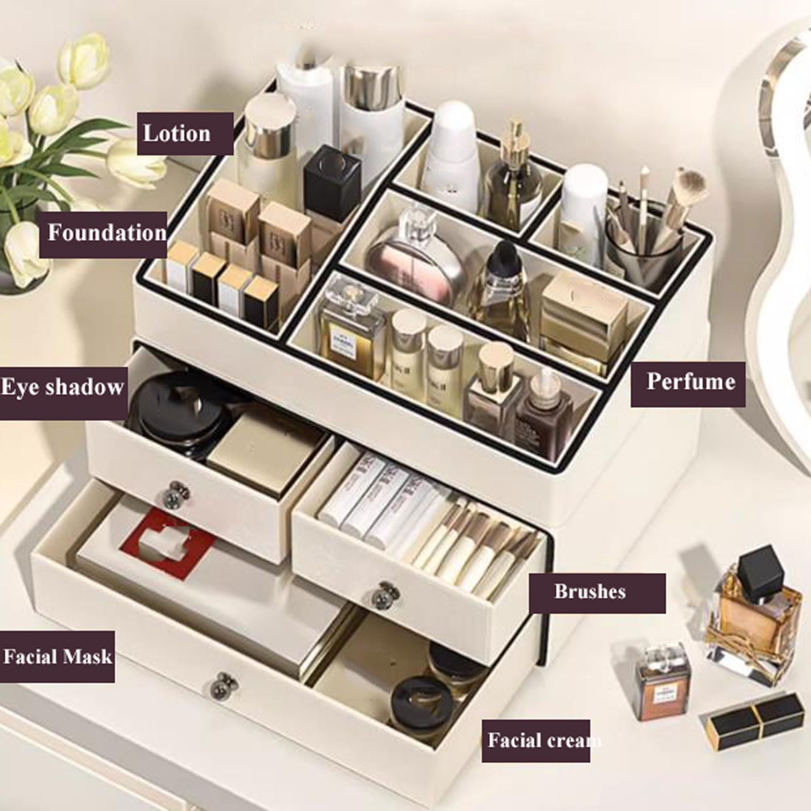 Scatola portaoggetti per cosmetici, organizer per trucco, grande contenitore per cosmetici e prodotti per la cura della pelle, organizer per scrivania, ufficio, bagno con 3 cassetti e 5 scomparti.