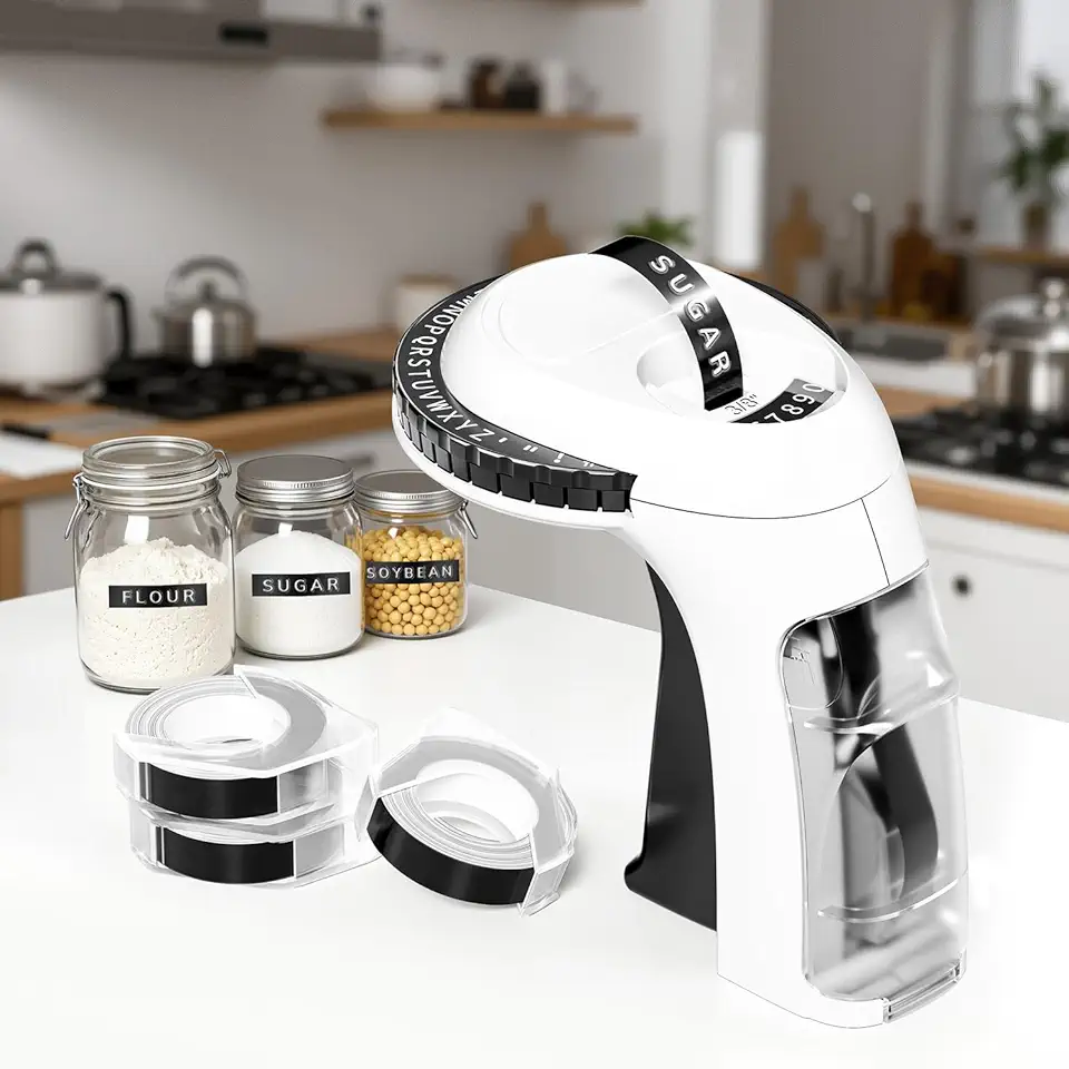 Máquina de fazer etiquetas em relevo clássica 3D com fitas, etiquetadora portátil Omega S com 3 rolos de 9 mm x 3 m de etiquetas para casa e escritório, branco e preto