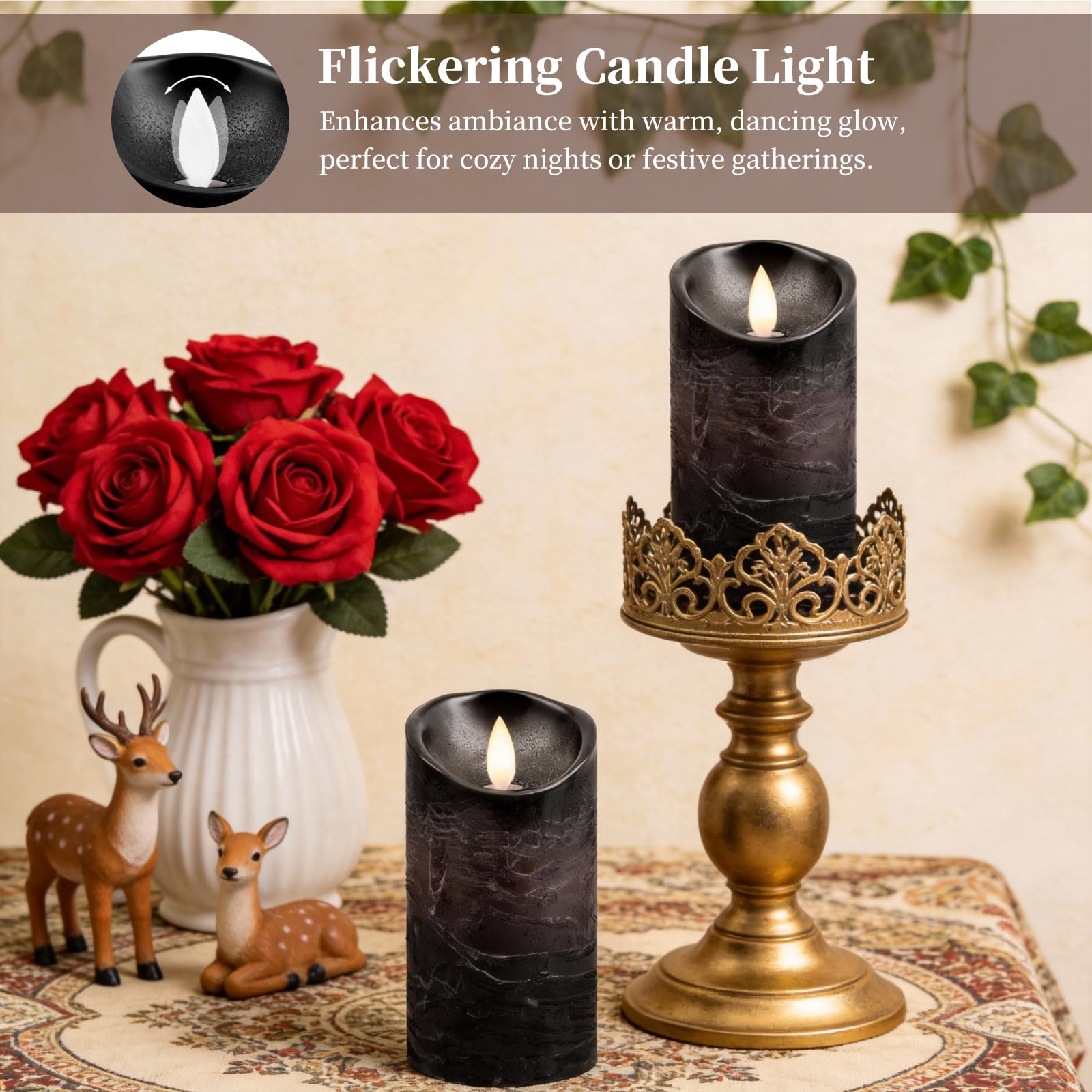 Set 5 Candele LED Effetto Fiamma Reale In Vera Cera Con Telecomando 10 Funzioni, Timer 2-8 Ore, Altezze 12-20 Cm, Per Natale E Matrimoni, Colore Nero