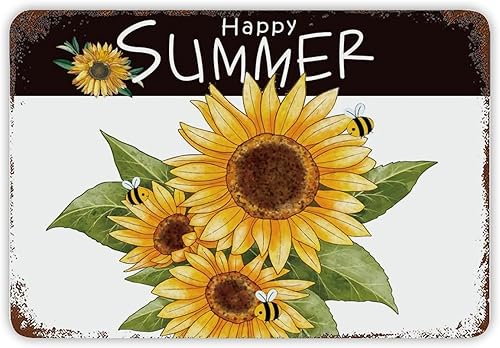 Placa de metal con diseño de girasol y abeja y miel, letrero de metal con texto en inglés «Happy Summer», decoración de casa costera, jardín,