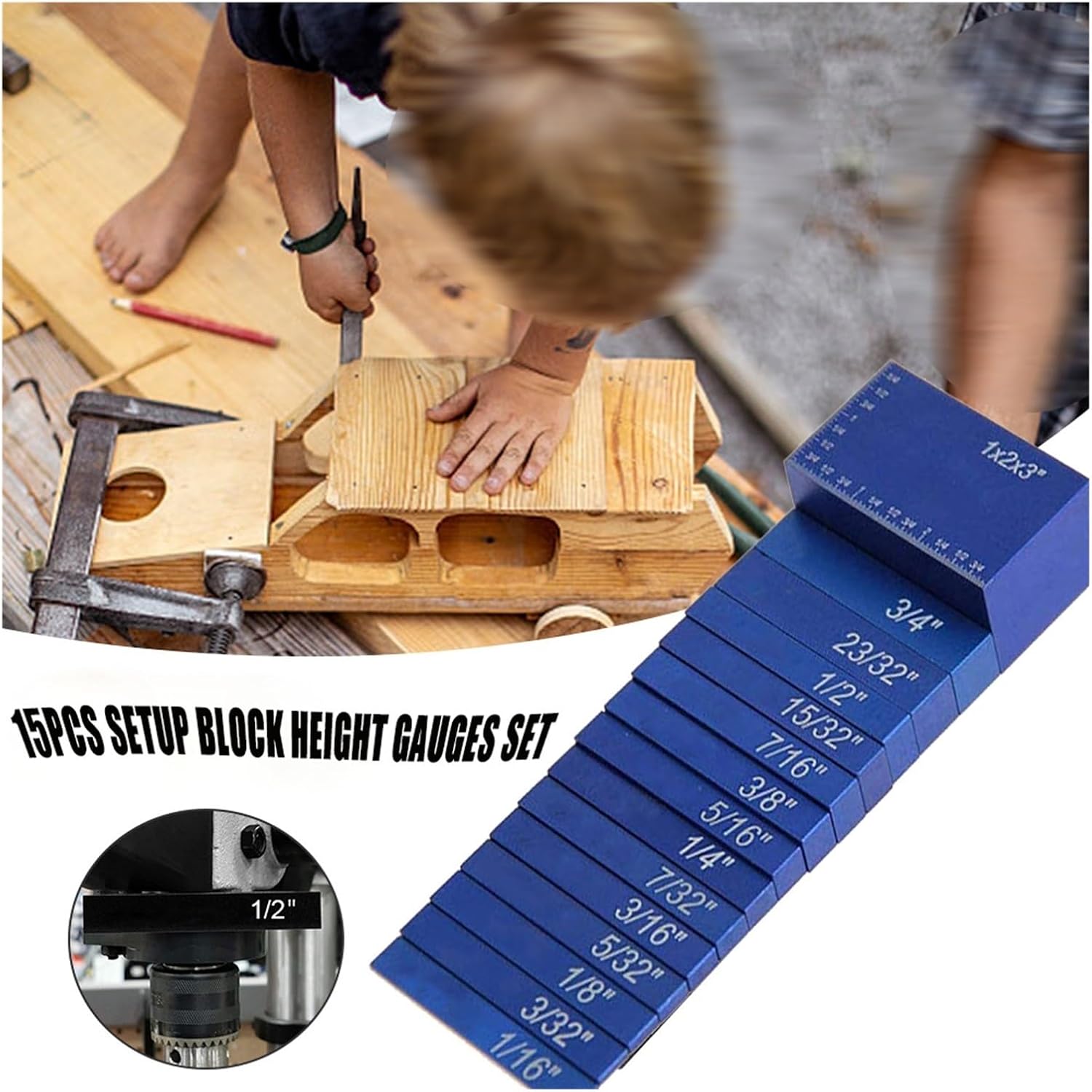 15Pcs Woodworking Precision Aluminum Height Gauge Set Setup Bars Gauge Block Set Precise Measurements(Blue)