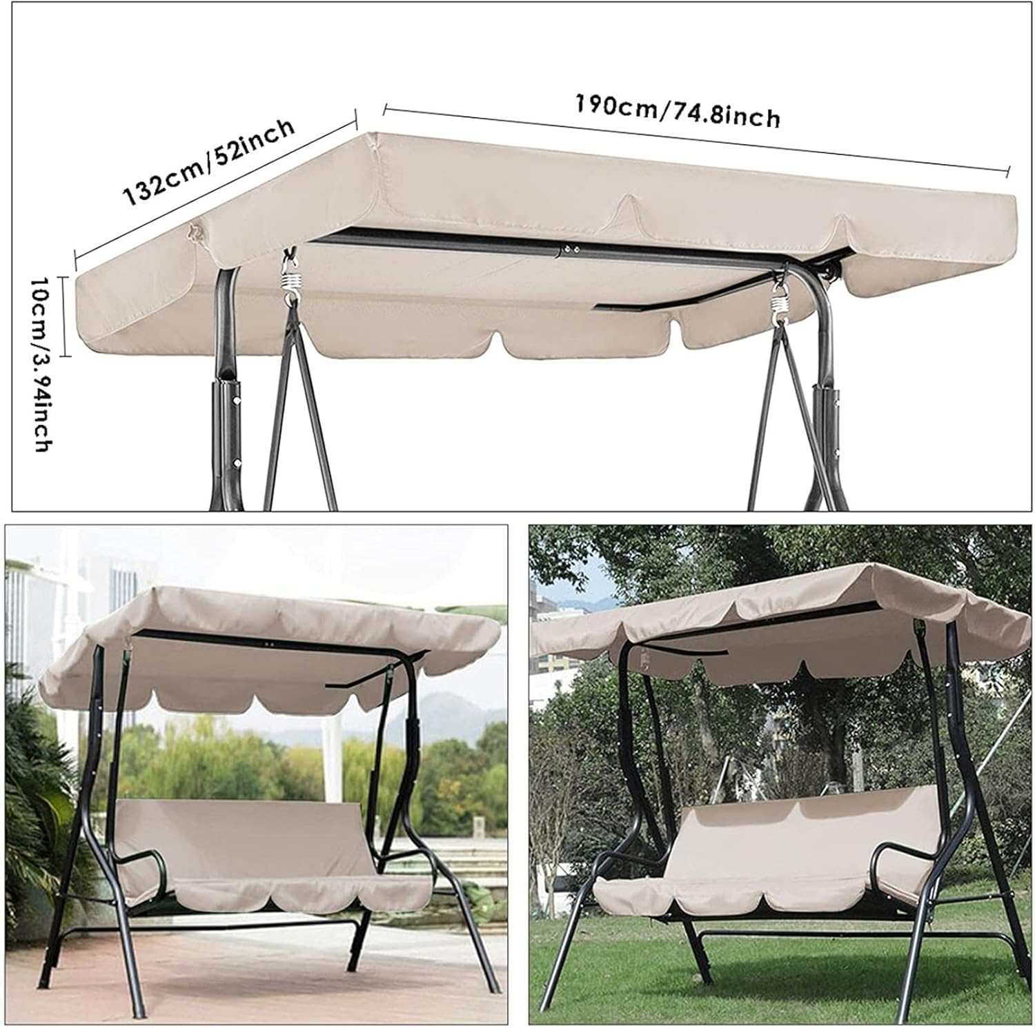 Replacement Canopy Swing Replacement, Waterproof Outdoor Garden Replacement Canopy Top Cover, 2 & 3 Seater Hammock Cover Top for Outdoor Garden Patio Porch Yard