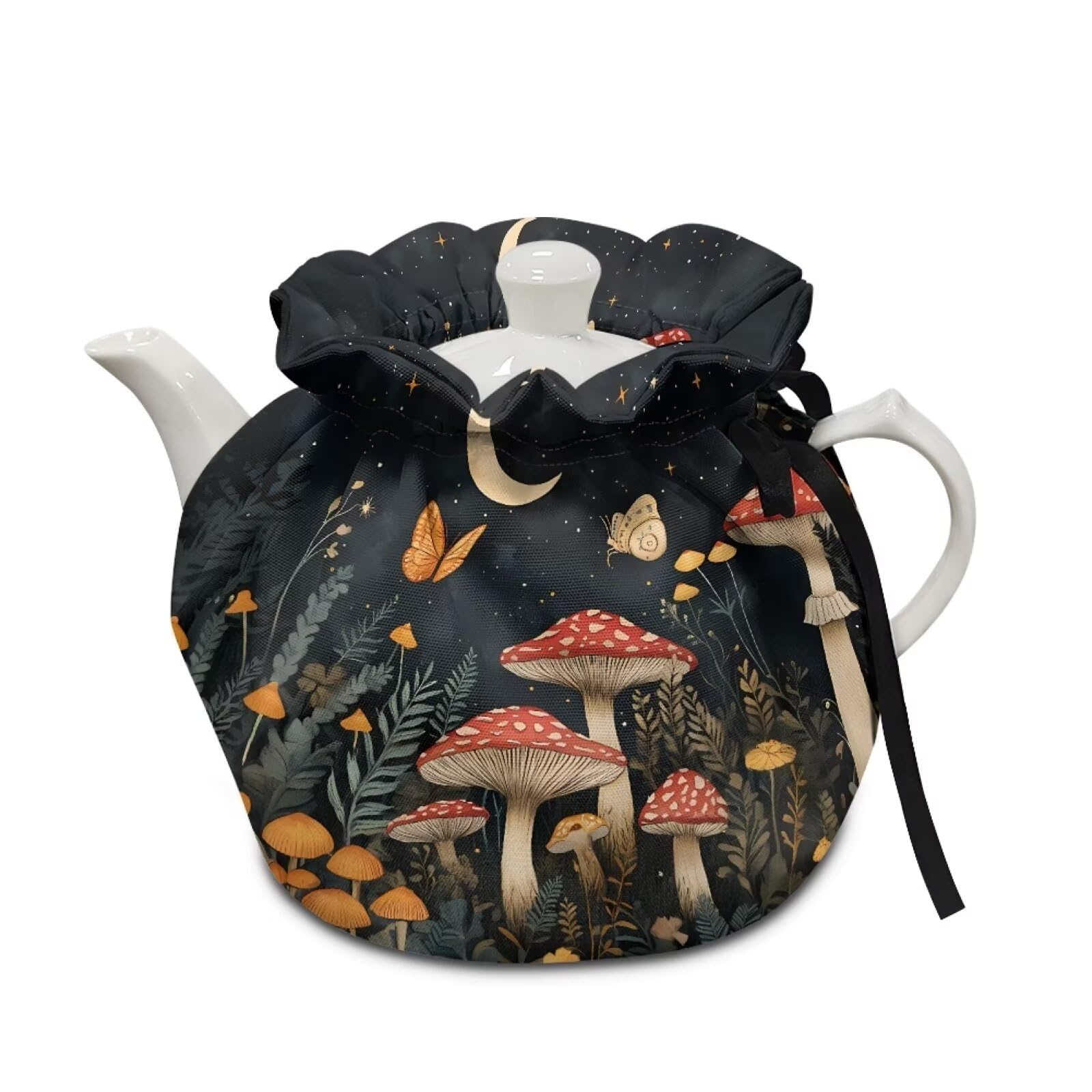 Mushroom Moon Tea Cosy, Scratches-Proof Insulated Kitchen Teapot Dust Cover with Drawstring, Tea Pot Cozy Breakfast Warmer for Home Kitchen Table Decoration