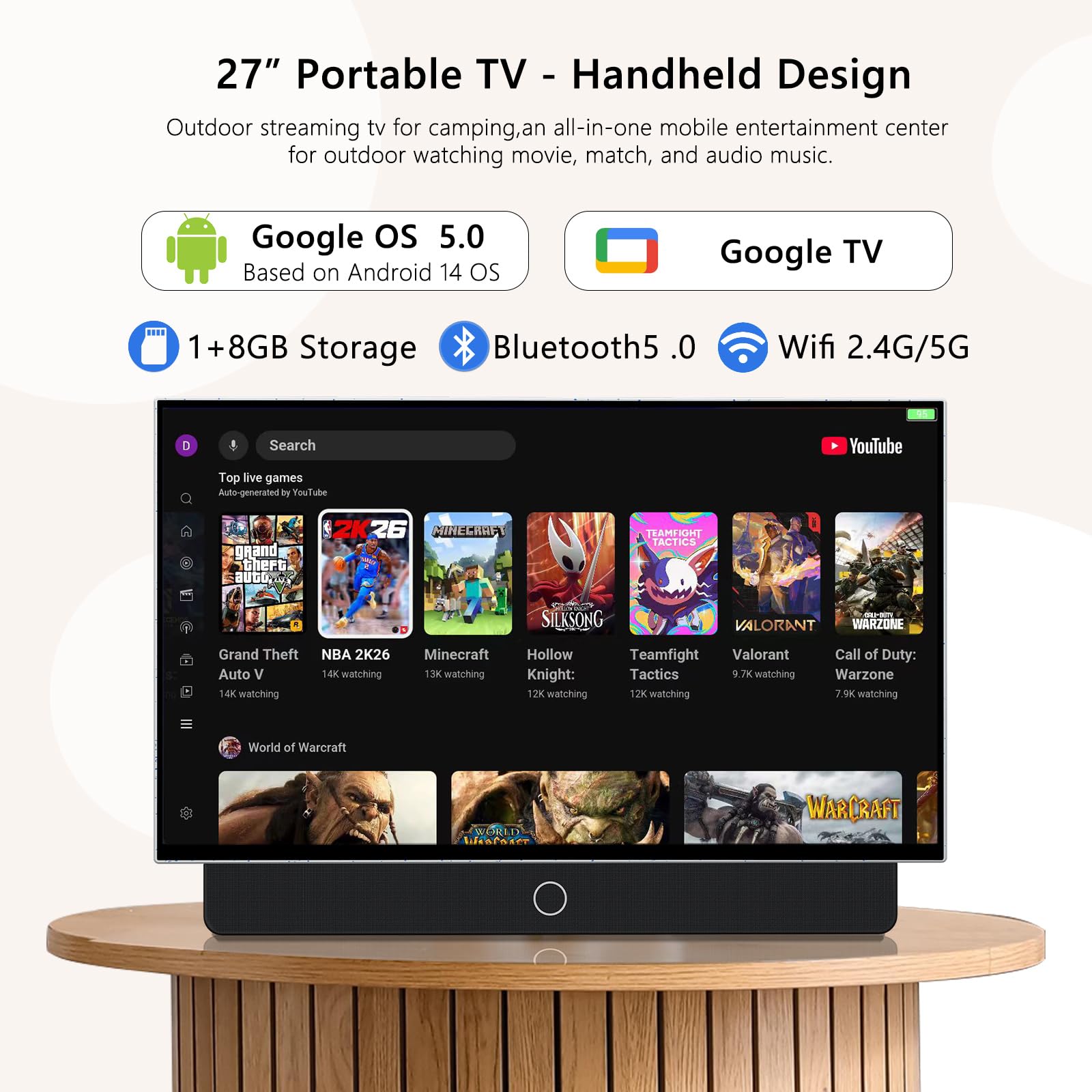 TV portátil de 27 pulgadas FHD 1080P Android14 OS con Google TV, batería de 9000 mAh, Dolby Audio, 100% sRGB, Google Assistant, mango de cuero, transmisión de Android TV con funda de transporte para