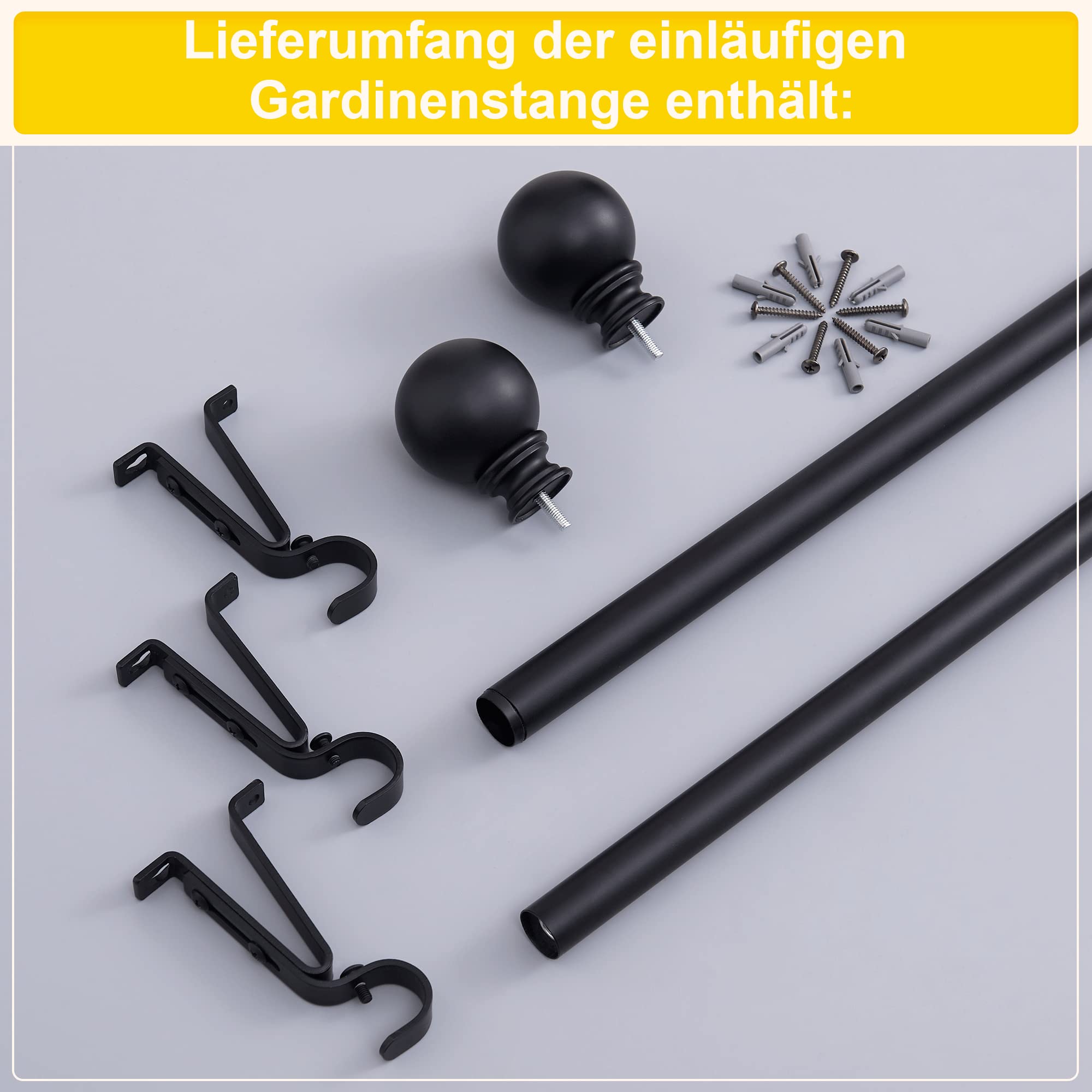 NICETOWN Black Curtain Rod with Round Finisms, Curtain Poles for Transparent Curtains, Curtain Rod, Extendible, 1 Loop, 182-365 cm, Diameter 25 mm