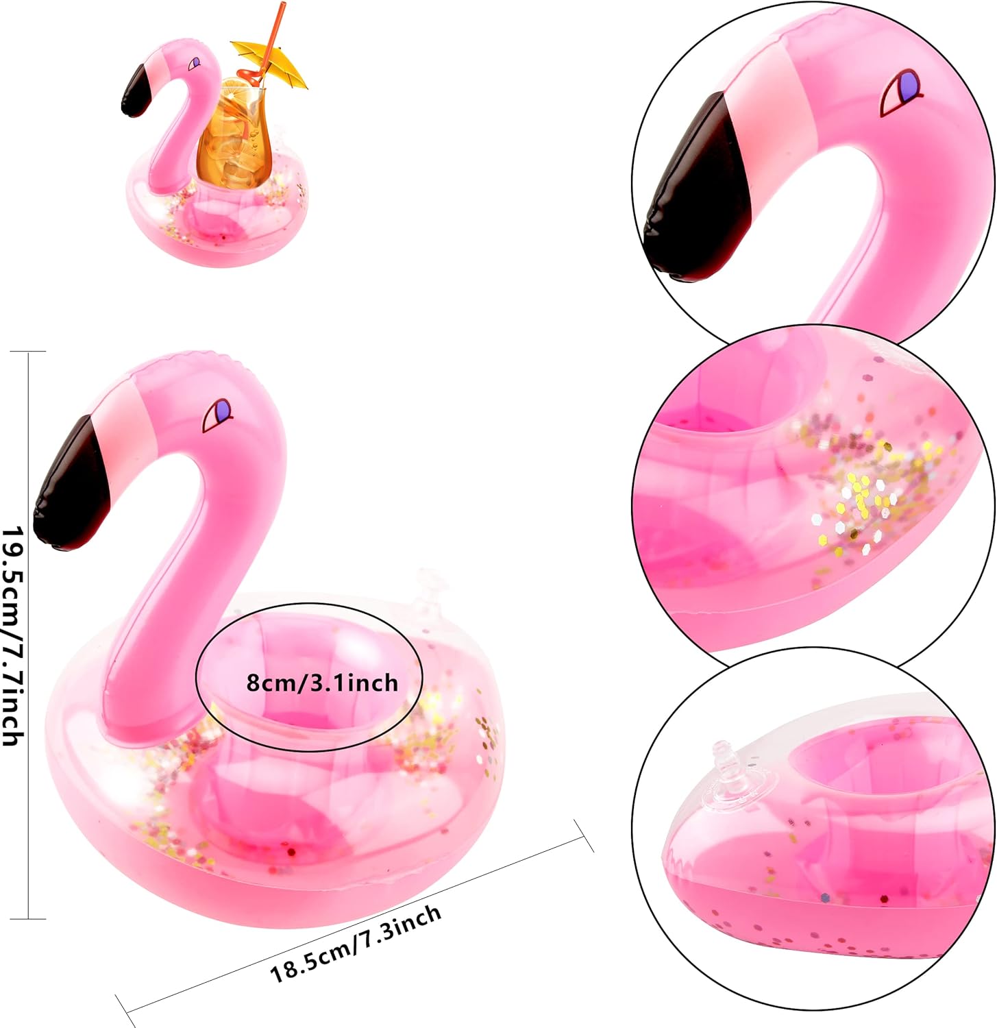 20 Pack Inflatable Flamingo Drink Holder Coasters Glitter Confetti Pink Flamingo Pool Drink Floats Cup Holder for Summer Pool Beach Fun Toy Hawaiian Party Supplies