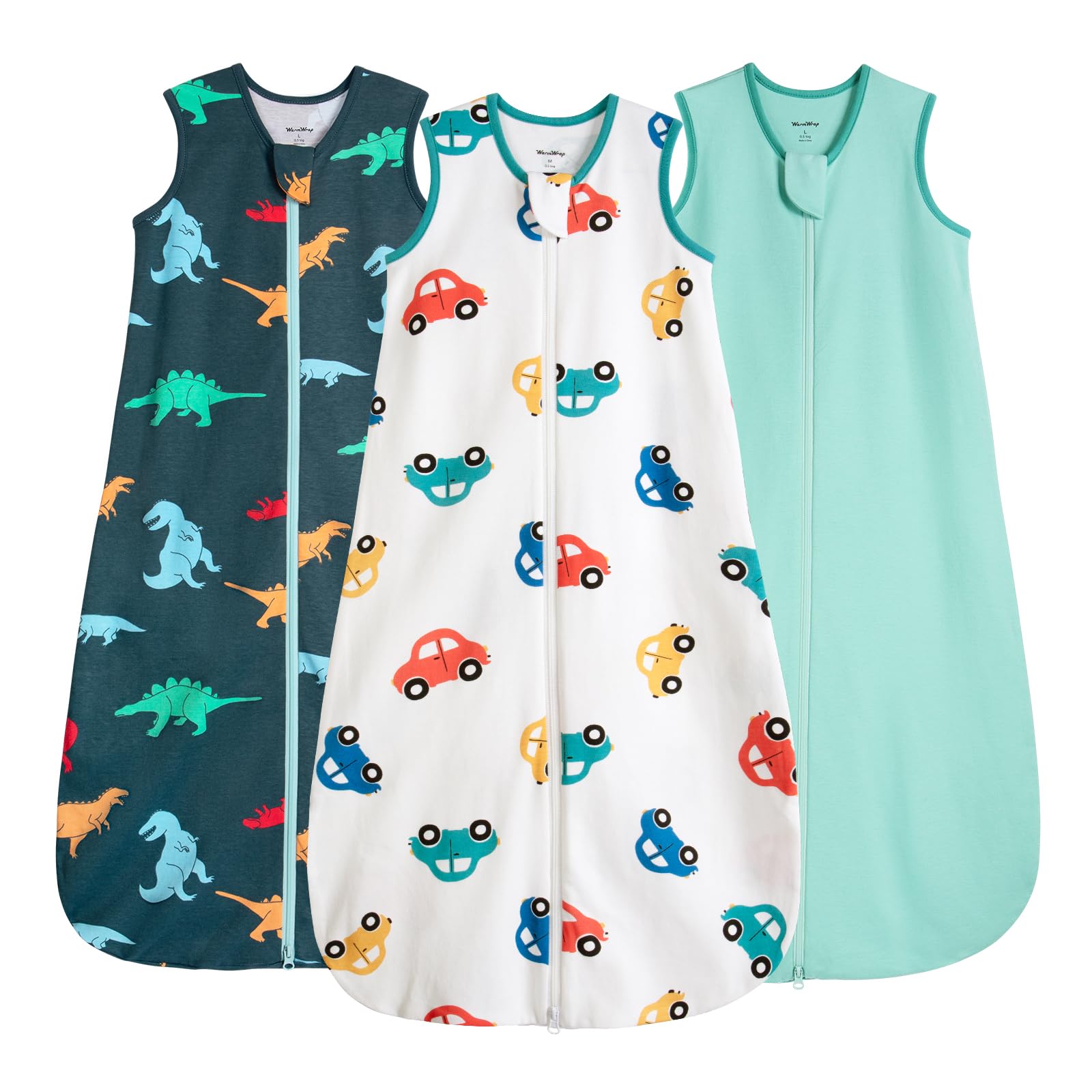 WarmWrap Baby Sleep Sack 6-12개월 100% 면 0.5 Tog 유아용 착용 가능한 담요, 3팩 통기성 좋고 부드럽고 가벼운 수면 주머니, 양방향 지퍼 포함