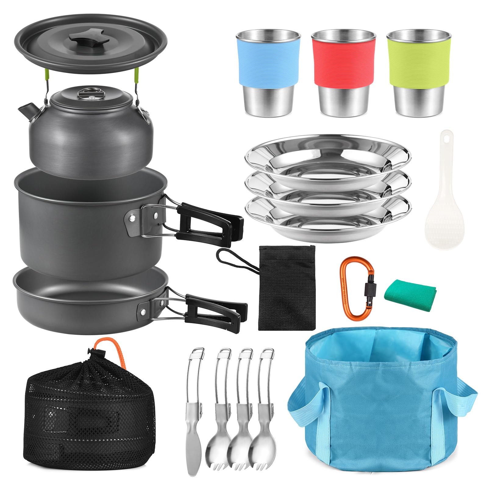 Batería de cocina para 3 personas, 22 piezas, para camping, camping, senderismo, excursionismo, con bolsa de transporte, utensilios de cocina de camping