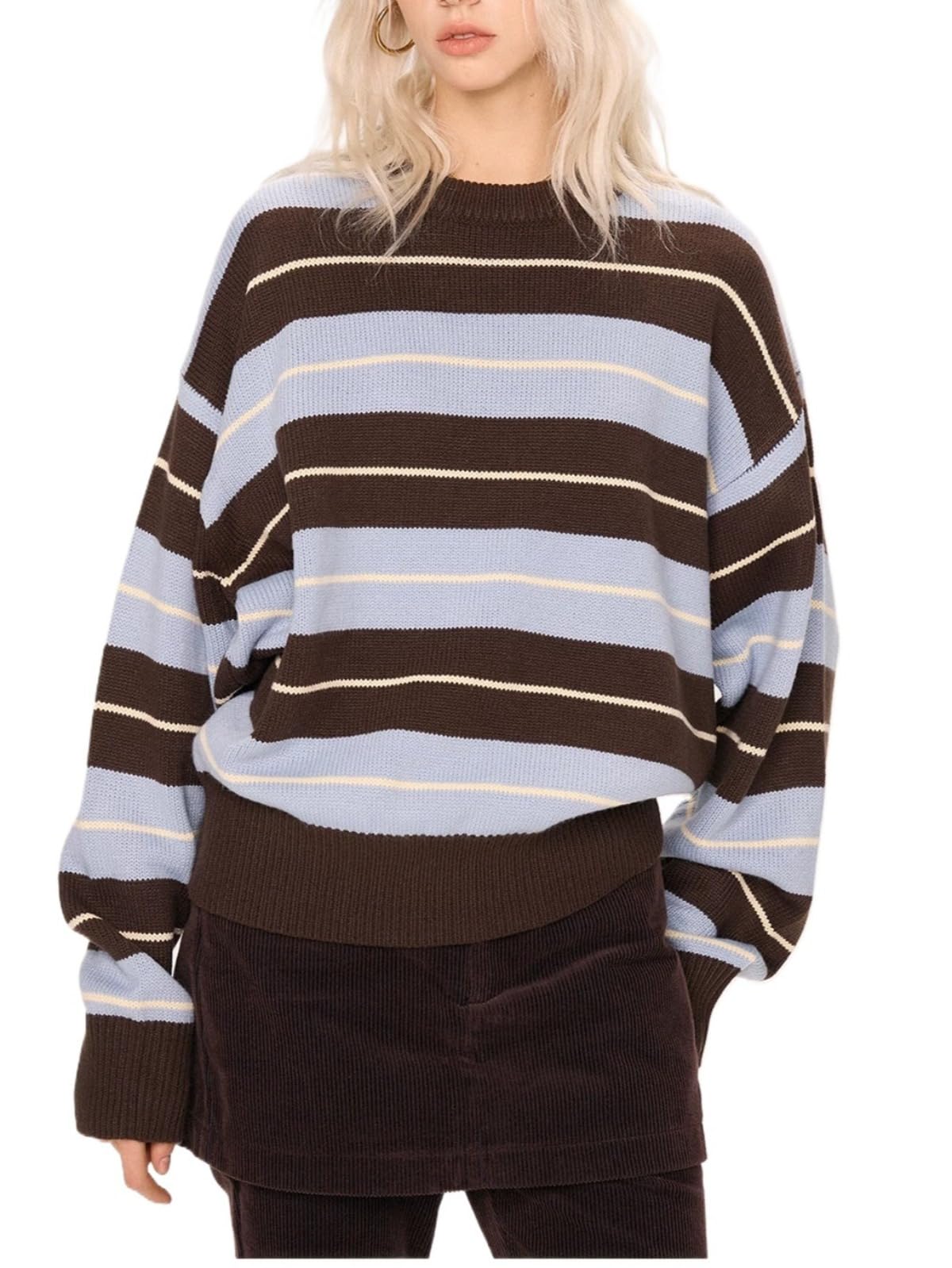 Womens Striped Crew Neck Knitted Sweater O-Neck Full Sleeve Top Casual Comfortable Pullover