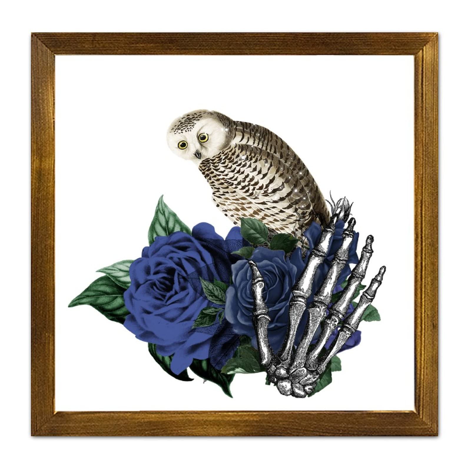 Plaque en bois tête de mort et hibou rétro 30x30 cm pour décoration intérieure