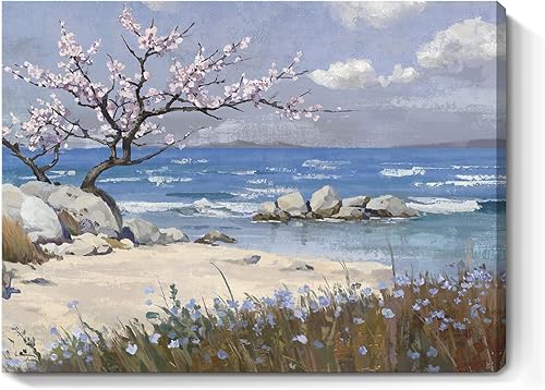 Vista 30 de Arte de pared para baño, decoración costera, barco náutico en la playa, lienzo con imagen de gaviota del océano, paisaje marino, arte de granja