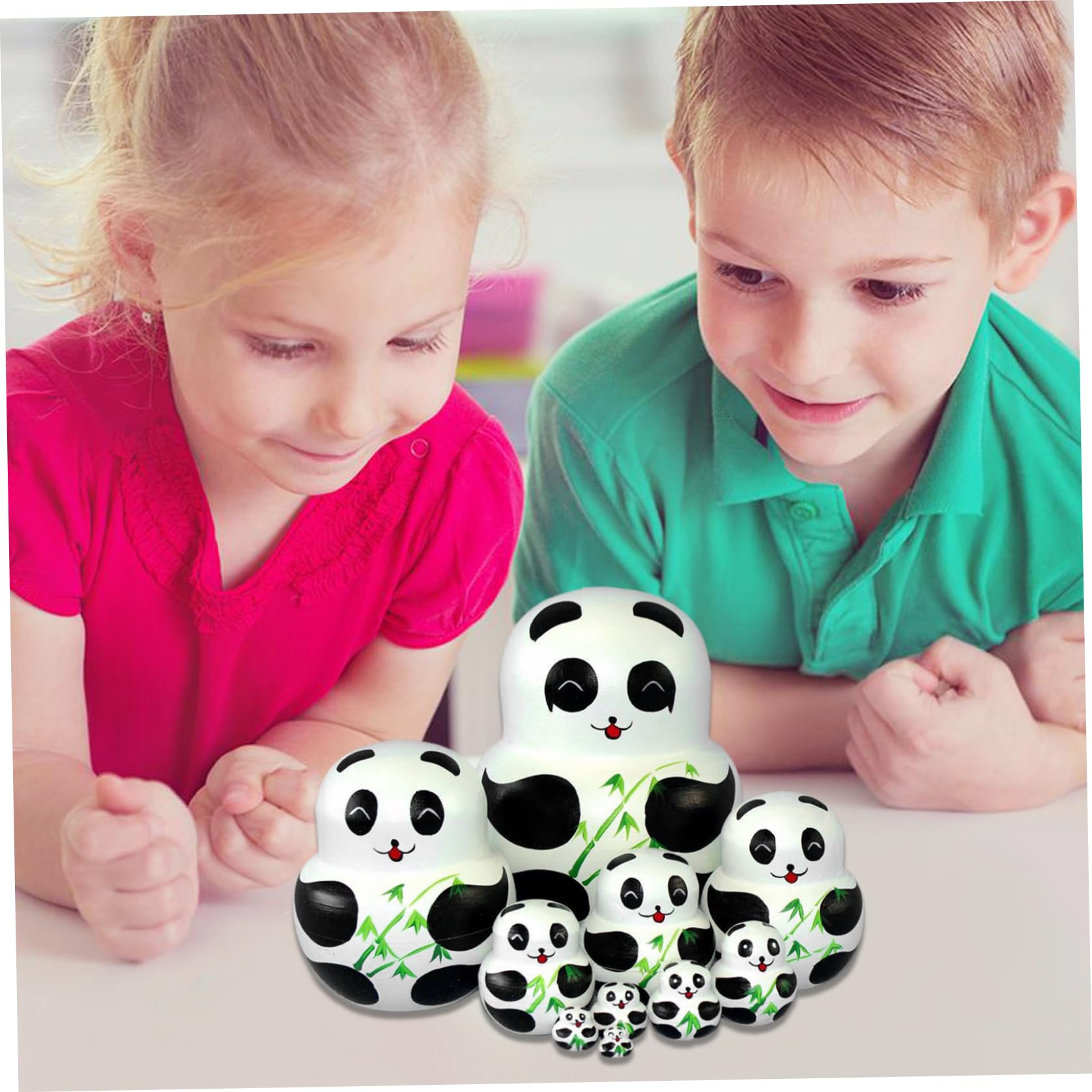 Matroschka-Puppen im Panda-Design, niedlicher Cartoon mit Bambusmuster, 1 Set (10 Stück), russische Matroschka-Puppen aus Holz für Kinder