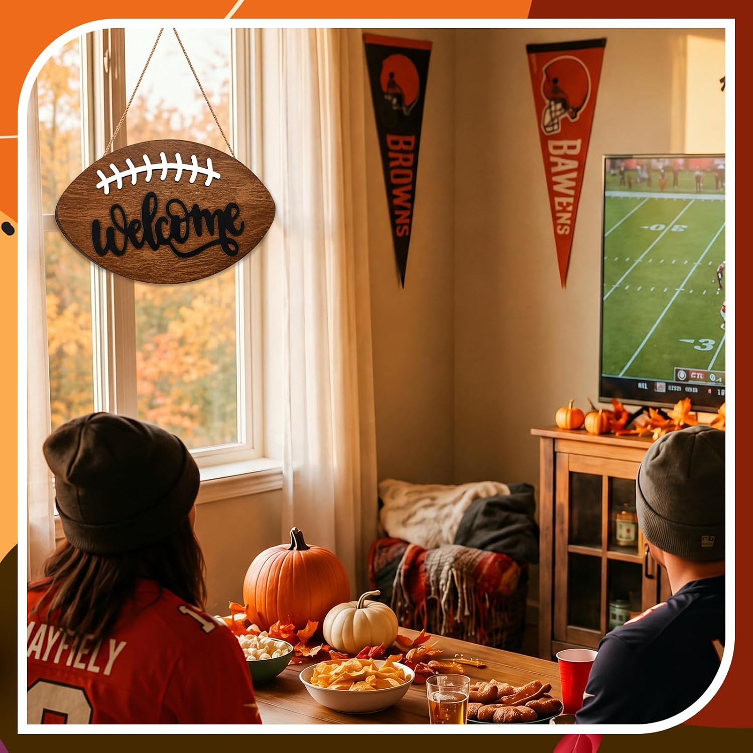 Moucuny Fall Football Door Sign, Autumn Wooden Welcome Wreath Porch Decor