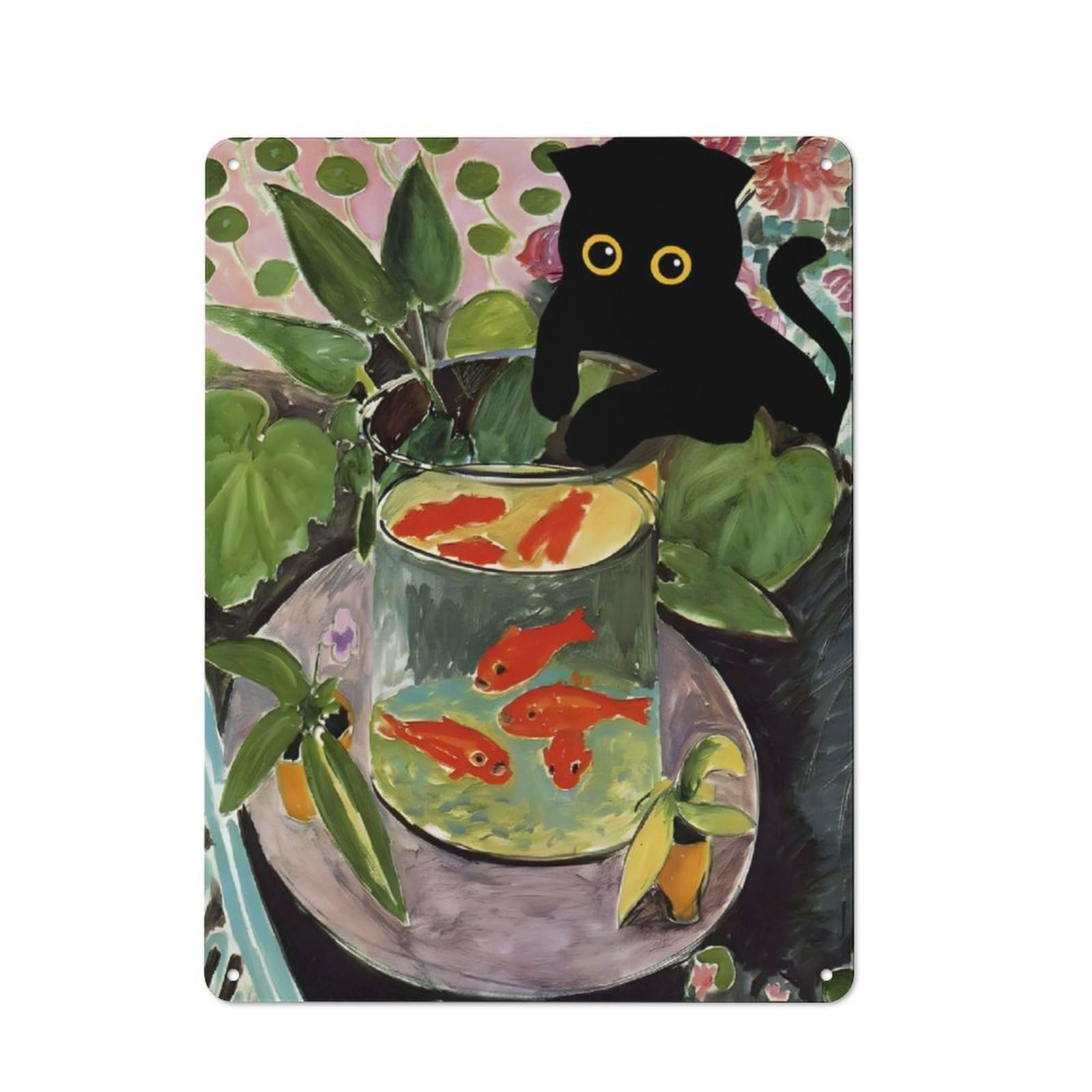 Junmoney Cat Goldfish Rustic Metal Sign 40X30cm For Hallway Wall, For Collectors Of Rustic Metal Wall Decor