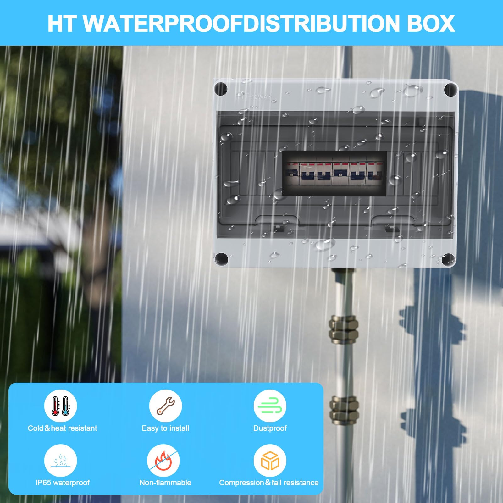 Caja de fusibles para montaje en superficie, IP65, resistente al agua, con pinzas de latón, subdistribución, 1 fila para 12 módulos, para jardín, exteriores, villas