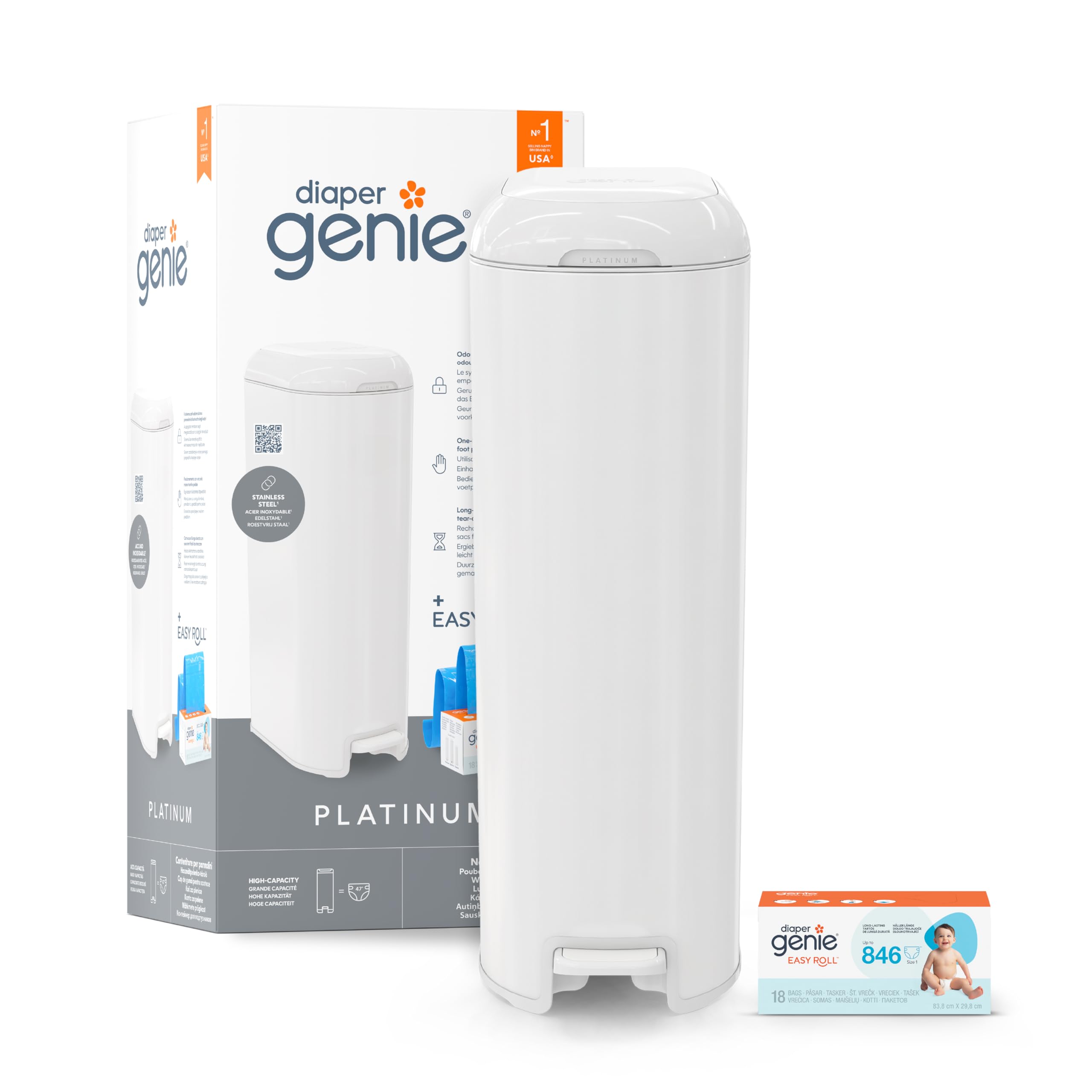 Diaper Genie Platinum – Bidone per pannolini inodore | Acciaio inox | Grande capacità: 47 pannolini | Fino a 5 mesi | Ampia apertura e pedale | Include ricarica 18 sacchetti, 846 pannolini - Bianco