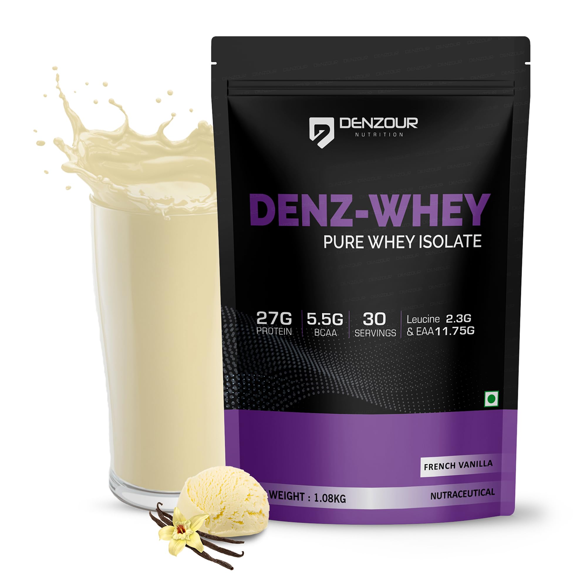 DENZOUR NUTRITION Denz-Whey Isolate Protein Powder – 27g Protein, 5.5g BCAA | Fast Absorbing & Easy Digestion | Lab Tested | Supports Muscle Recovery & Strength | French Vanilla | 1.08kg, 30 Servings