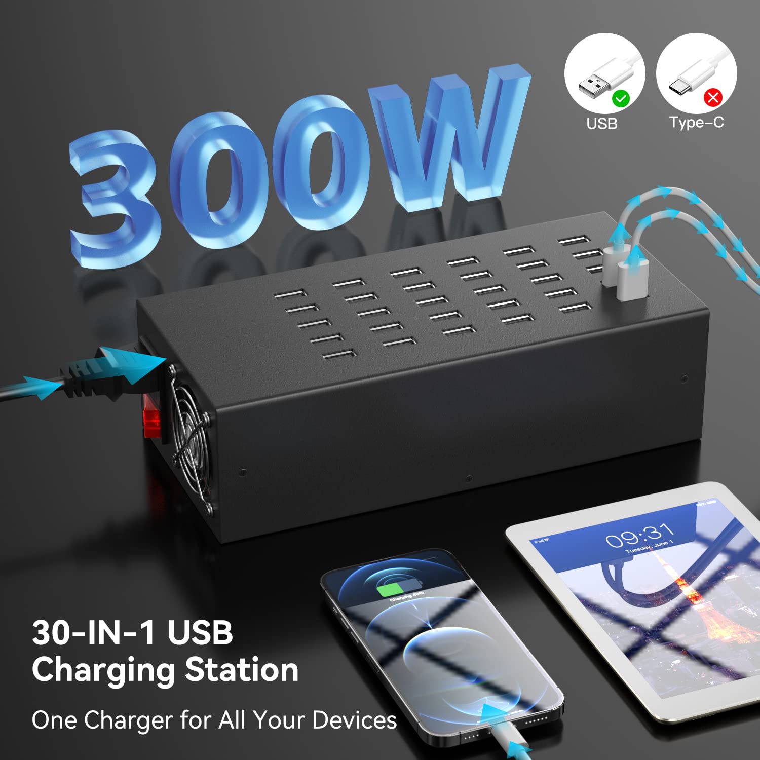 Stacja ładująca do wielu urządzeń, 30-portowa stacja ładująca USB 300W/60A, koncentrator ładowania USB 30 w 1, wiele stacji ładujących USB do iPhone'a, iPada, Samsung, tabletów