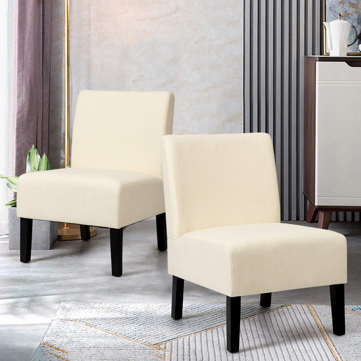 Giantex Set of 2 Armless Accent Chairs, w/Curved Backrest, Rubber Wood Legs, Soft Sponge, Comfortable Backrest, Upholstered Fabric Side Chairs, Living Room Slipper Chair (2, Ivory) : Home & Kitchen