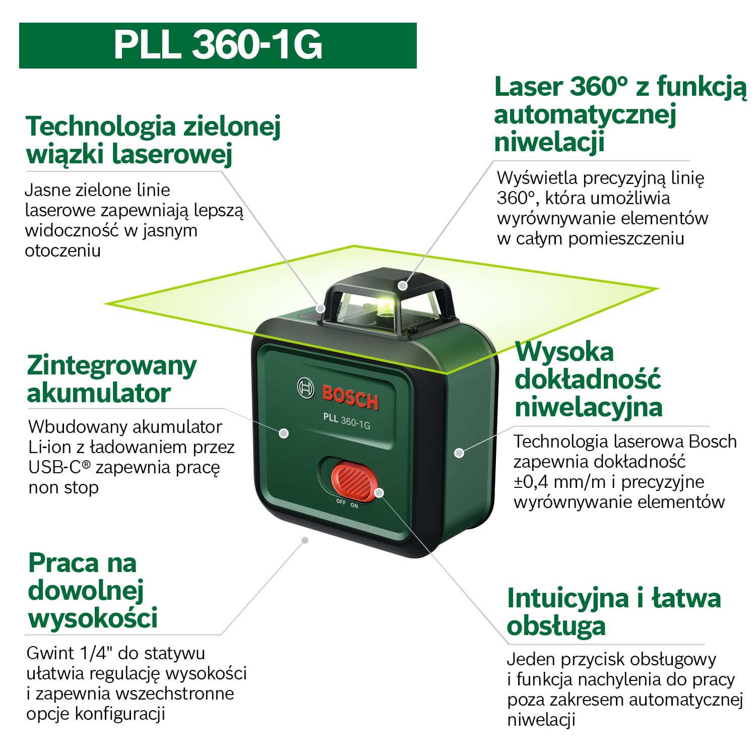 Bosch Laser płaszczyznowy PLL 360-1G (zielona wiązka laserowa 360°, funkcja samopoziomowania, dokładność ±0,4 mm/m, zintegrowany akumulator Li-ion, ładowanie przez USB-C®, opakowanie kartonowe)