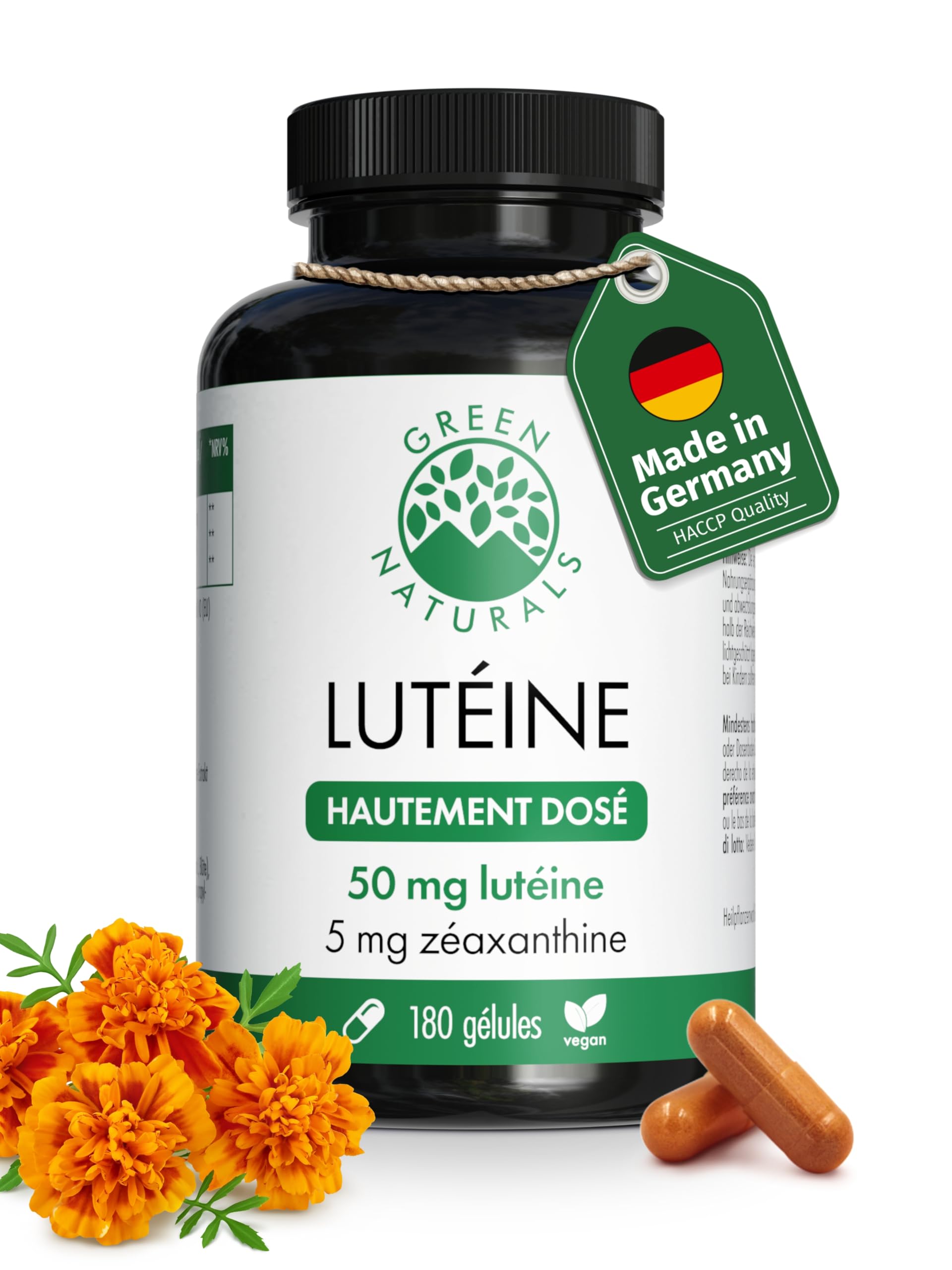Green Naturals® Lutéine – Hautement dosée 50 mg de lutéine & 5 mg de zéaxanthine issus de 250 mg d’extrait naturel de tagète (Tagetes erecta) – 180 gélules (6 mois)