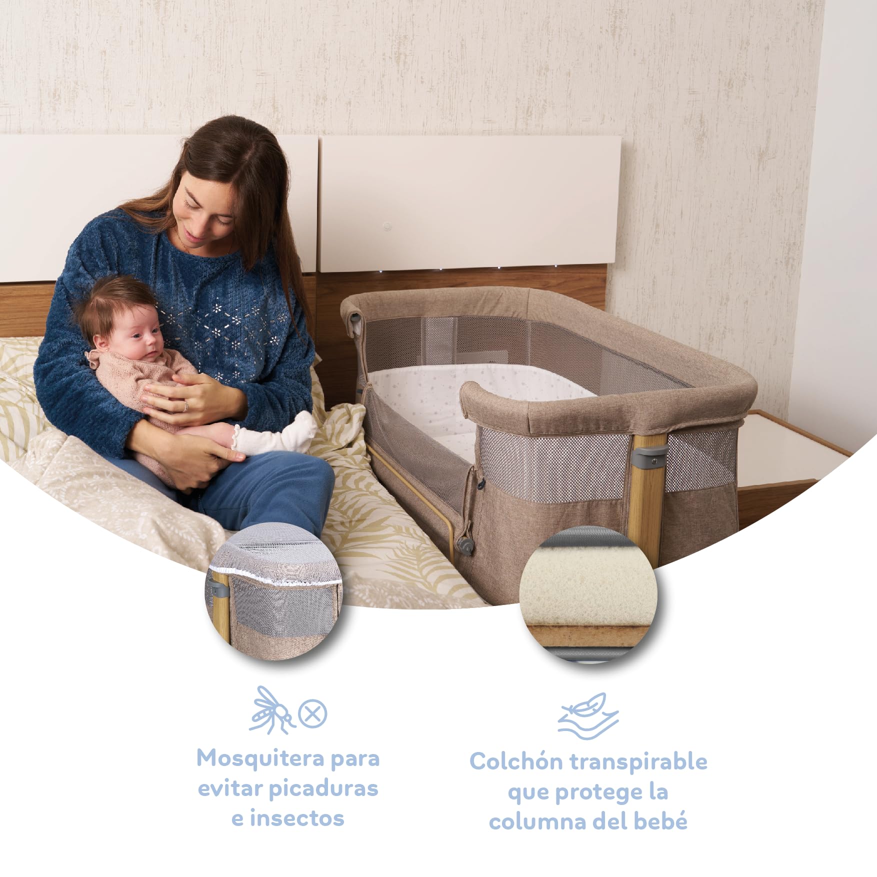 ms Minicla per letto Sleepy - Culla per letto regolabile multi-altezza, reclinabile, paramenti in stile Elephant e zanzariera di serie