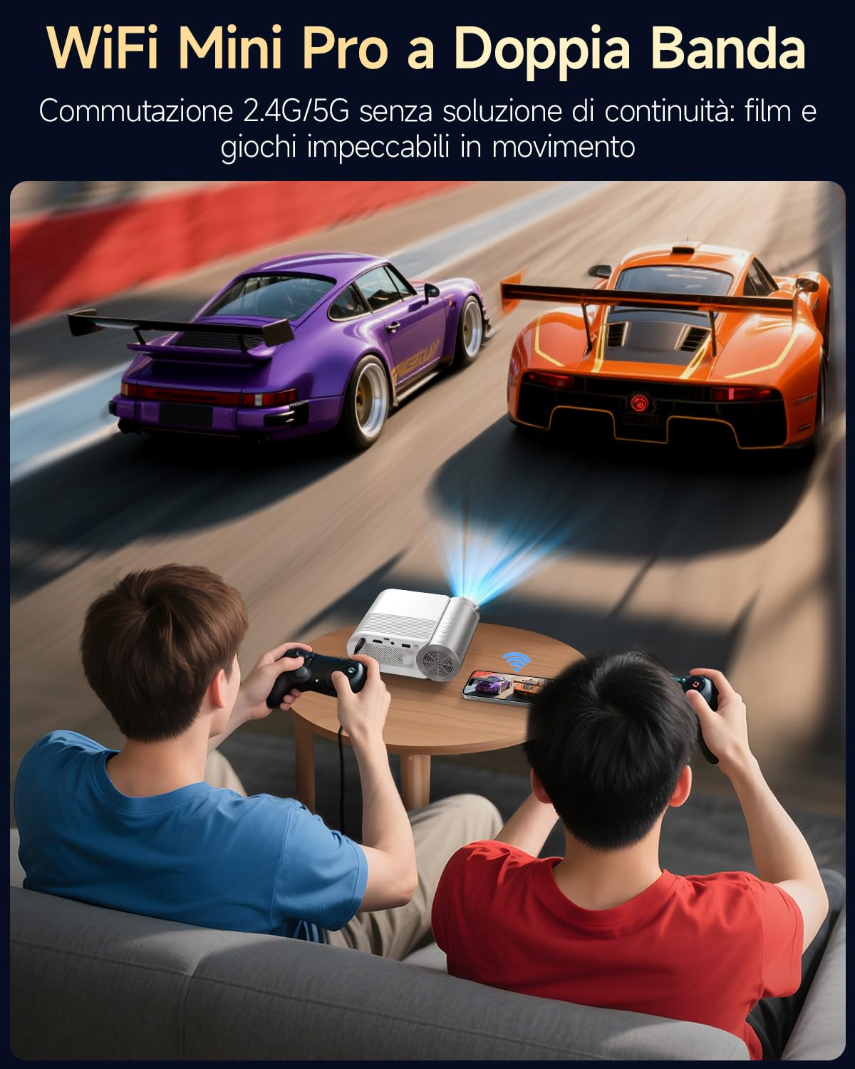 Mini Proiettore WiFi e Bluetooth, Proiettore Portatile Home Cinema 1080P per Telefono, 200” Home Theater per Camera da Letto per iPhone/HDMI/USB/TV Stick