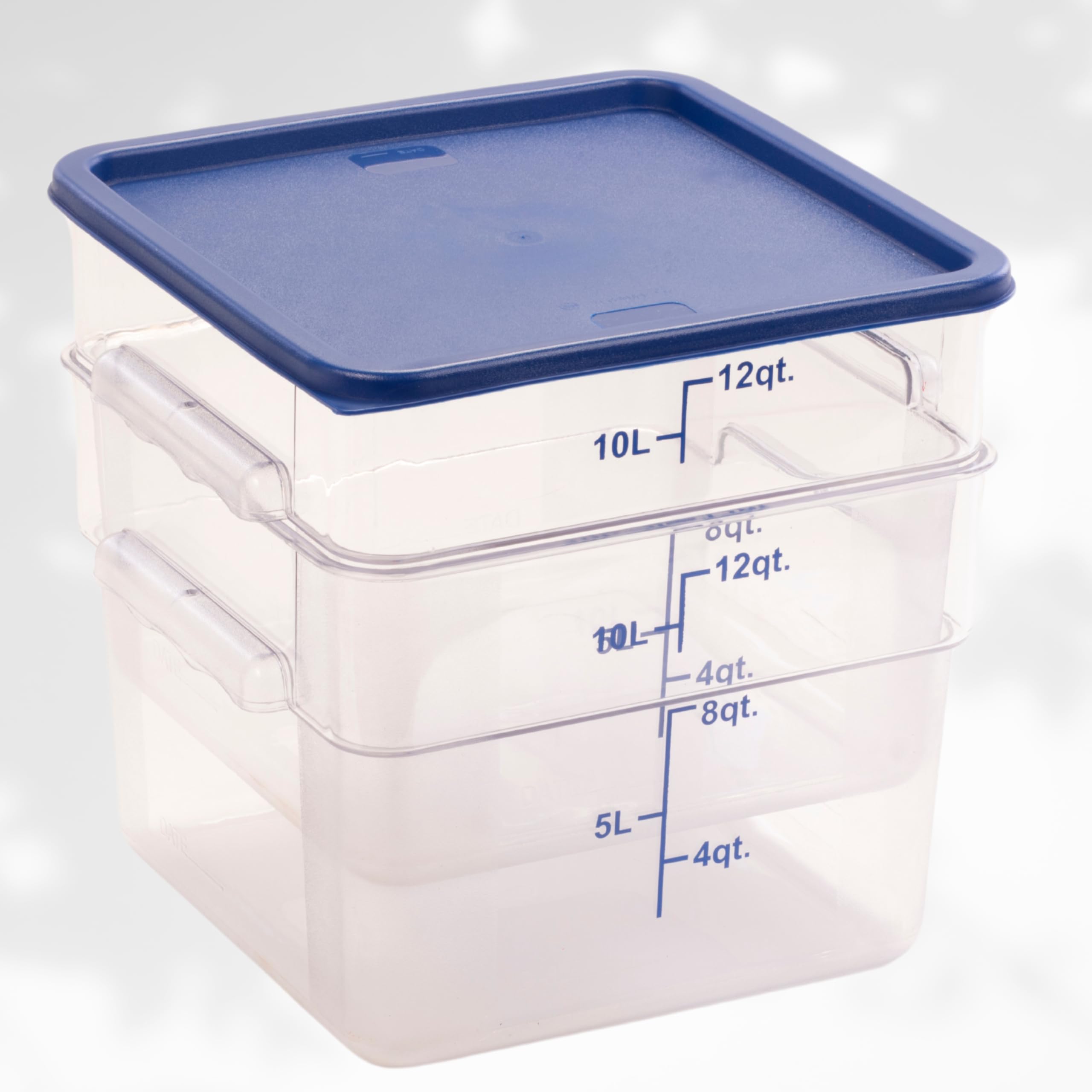 FSE Envase de comida cuadrado con tapa azul, 12 litros, policarbonato, reutilizable, transparente, NSF