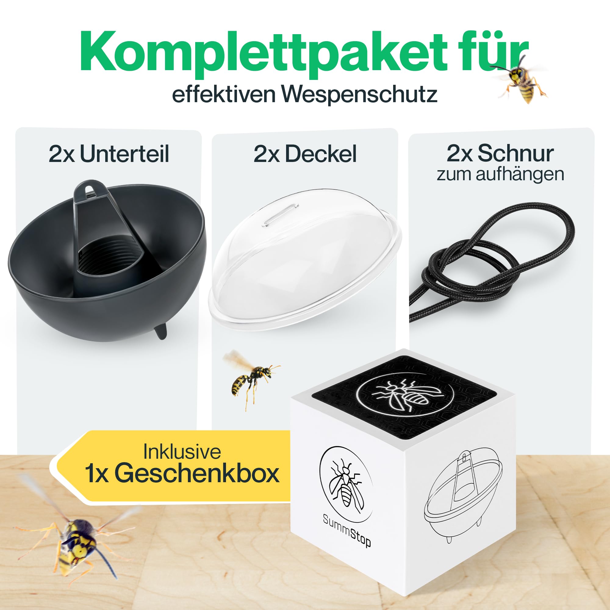 Wespenfalle 2er Set SummStop® – extra groß, ohne Gift & wiederverwendbar – Wespenfalle für draußen, Garten & Balkon – zum Aufhängen oder Aufstellen
