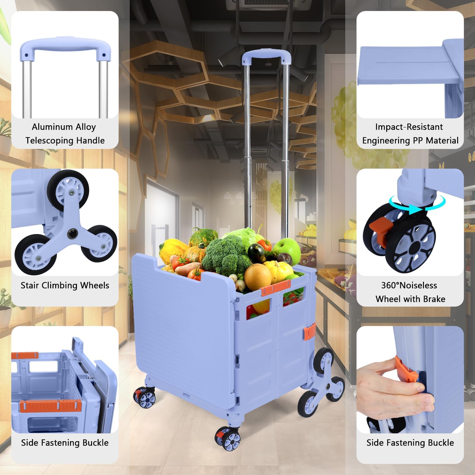 Carrito de Compras Plegable, Carro Portátil Plegable con Ruedas para Subir Escaleras, Cesta Compacta con Tapa Magnética, Carrito Rodante con Mango Telescópico, Ligero y Resistente hasta 80KG-Azul