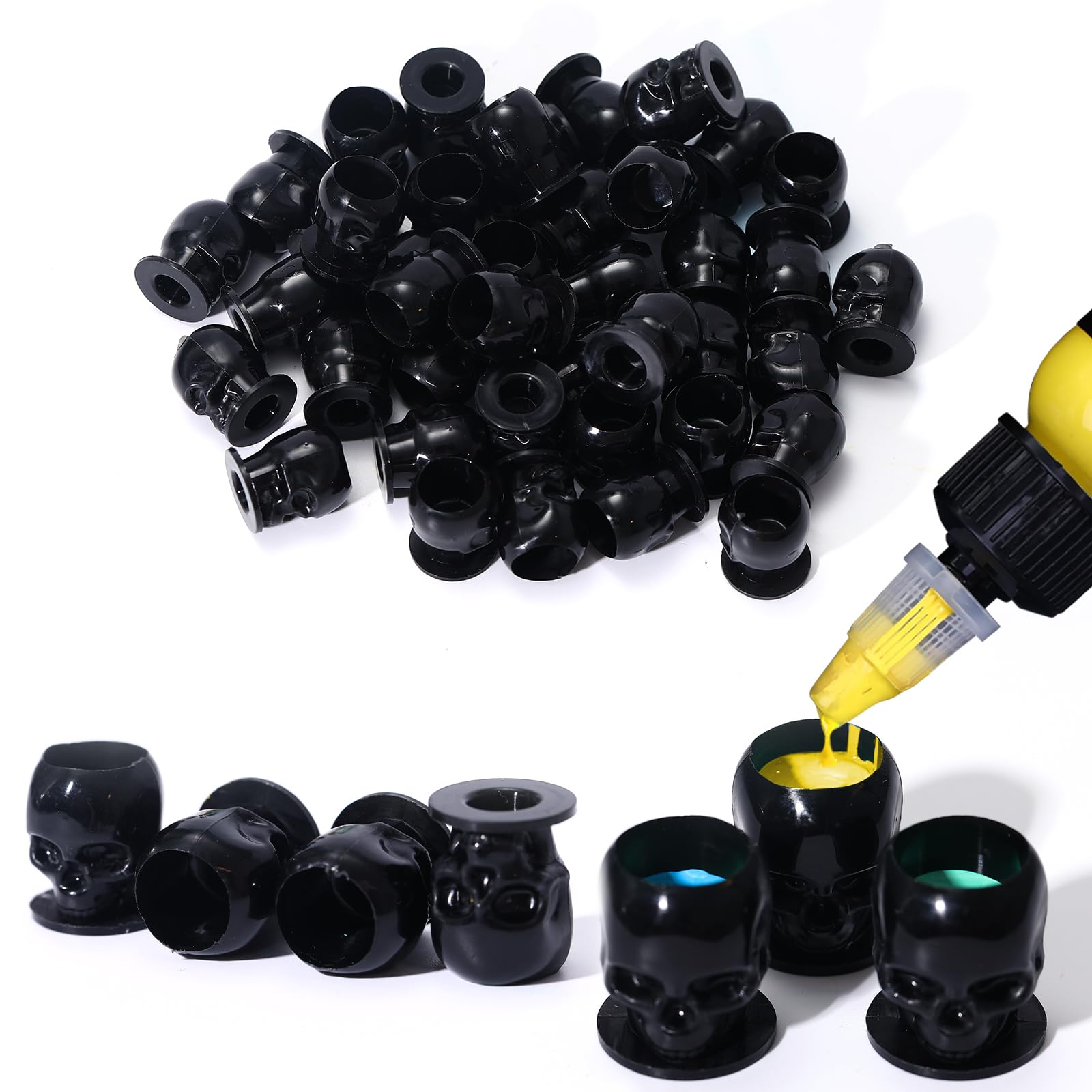 YILONG 50Pcs Disposable Tattoo Ink Caps Skull Tattoo Ink Cups with Stable Base Permanent Makeup Pigment Holder Container Cap Tattoo Accessor,Black