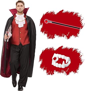 Vampire Costume Men Adult, Mens Vampire Costume with Vampire Cape Teeth, Halloween Costumes Men Adult Dress Up