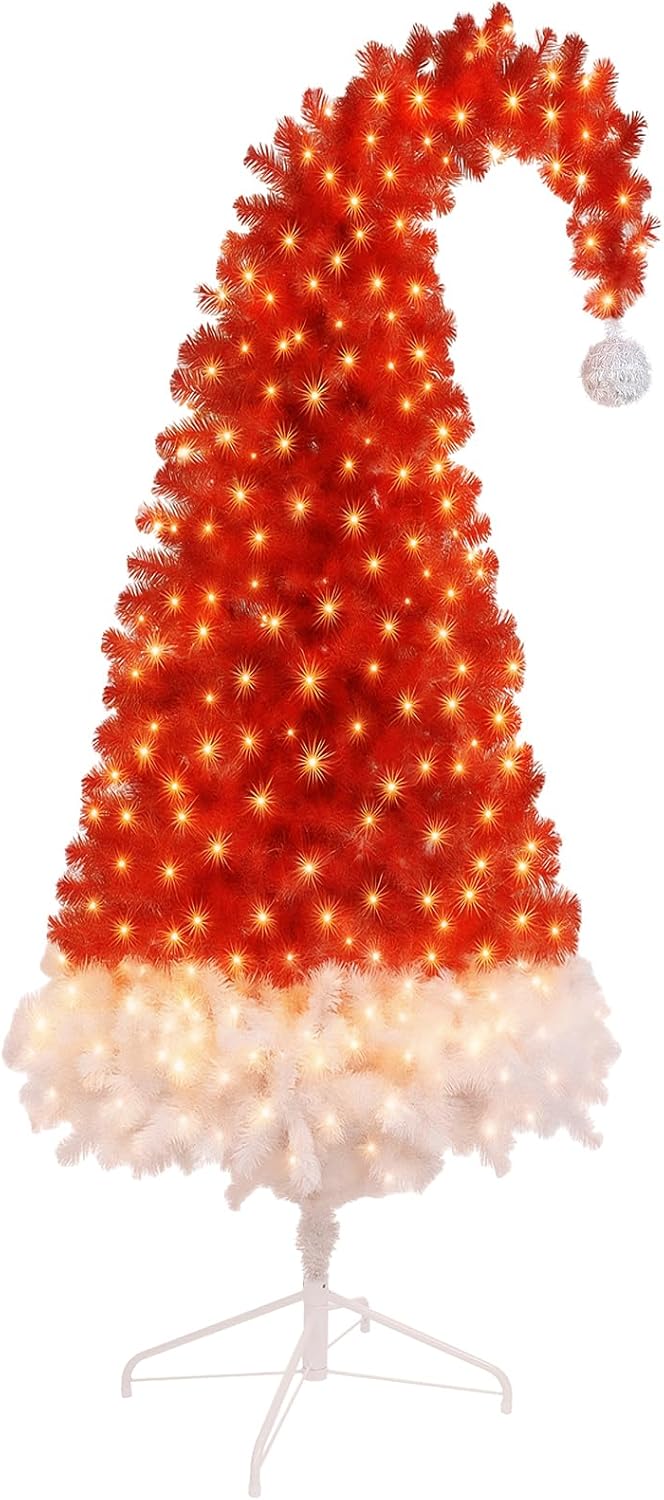 6ft Christmas Tree with Bendable Santa Hat, Prelit Red and White Christmas Tree Artificial Xmas with 100 Lights for Home, Office, Party Decorations