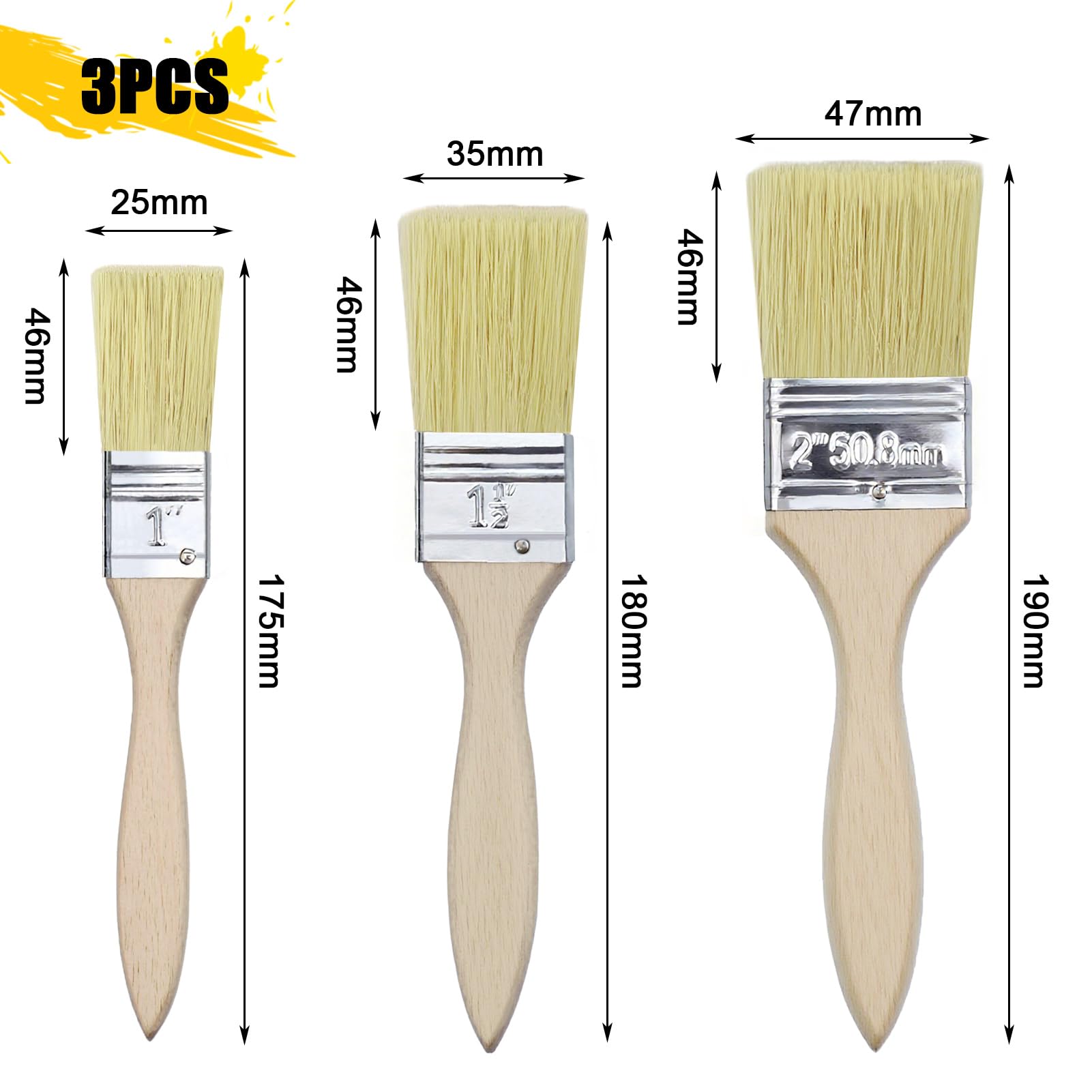 Set di 3 pennelli con manico in legno (1/1,5/2 pollici), pennelli piatti per vernice, colore da parete (25/35/47 mm)
