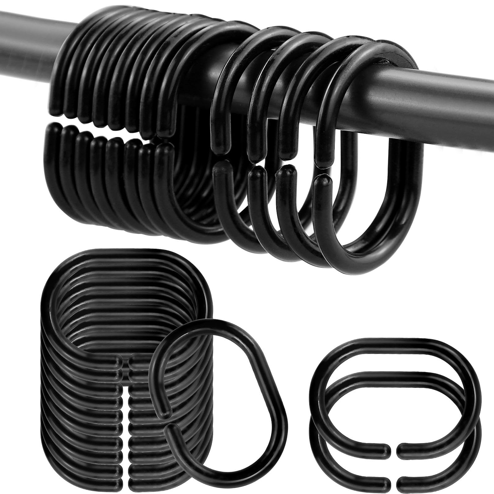 Maoqye Black 24 Packs Shower Curtain Rings, Shower Curtain Hooks Plastic C-Shaped Bath Drape Loop Rail Rings For Bathroom Shower Window Rod