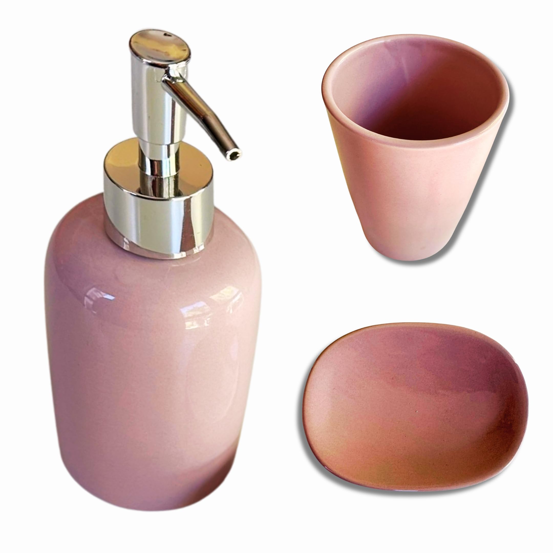 Kit de Complementos para Cuarto de Baño. Conjunto Organizador con Dispensador/Dosificador de Jabon, Vaso para Cepillo de Dientes y Jabonera. Accesorios a Juego de Color Rosa en Cerámica.