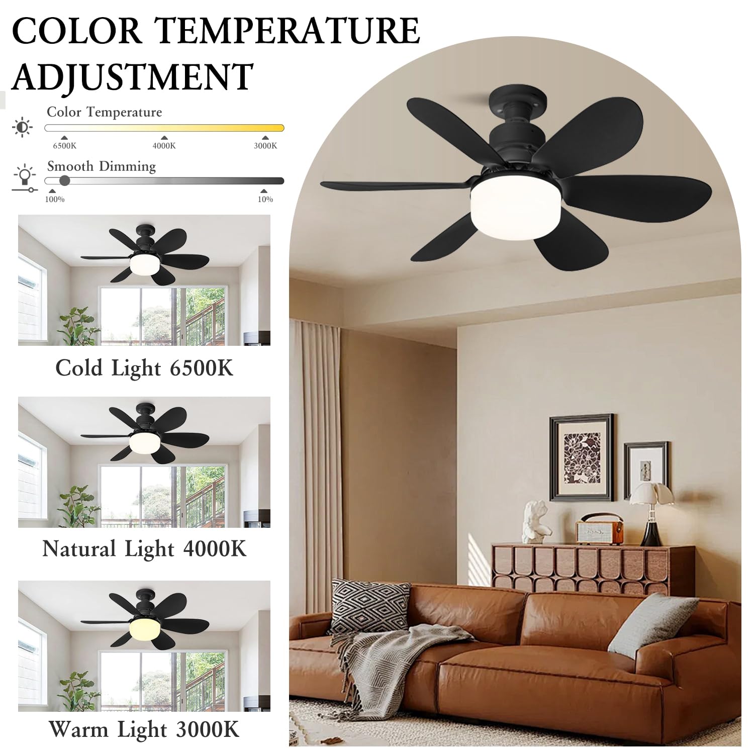 YumSur Ceiling Fan with LED Lights, Ceiling Lamp with Fan and Remote, Timing, 3 Color Dimmable LED, 3 Speeds - Image 3