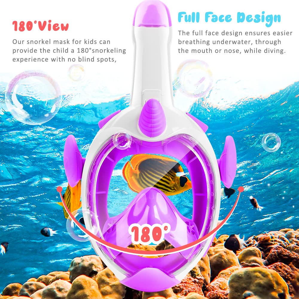 Maschera da snorkeling per bambini, maschera integrale con vista panoramica a 180°, attrezzatura da snorkeling Dry Top per bambini, anti appannamento, anti perdite, con doppio flusso d'aria,