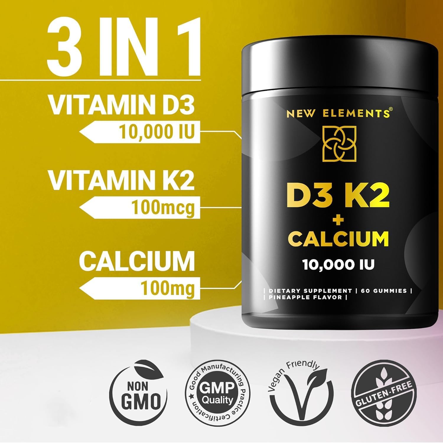 Vitamin D3 K2 Gummies 10000 IU with Calcium 100mg - VIT D3 for Adults - Mk7 Vitamin K2 100mcg - Vitamin D Supplement for Men & Women - Vegan Gluten Free Non-GMO (Pack of 2)