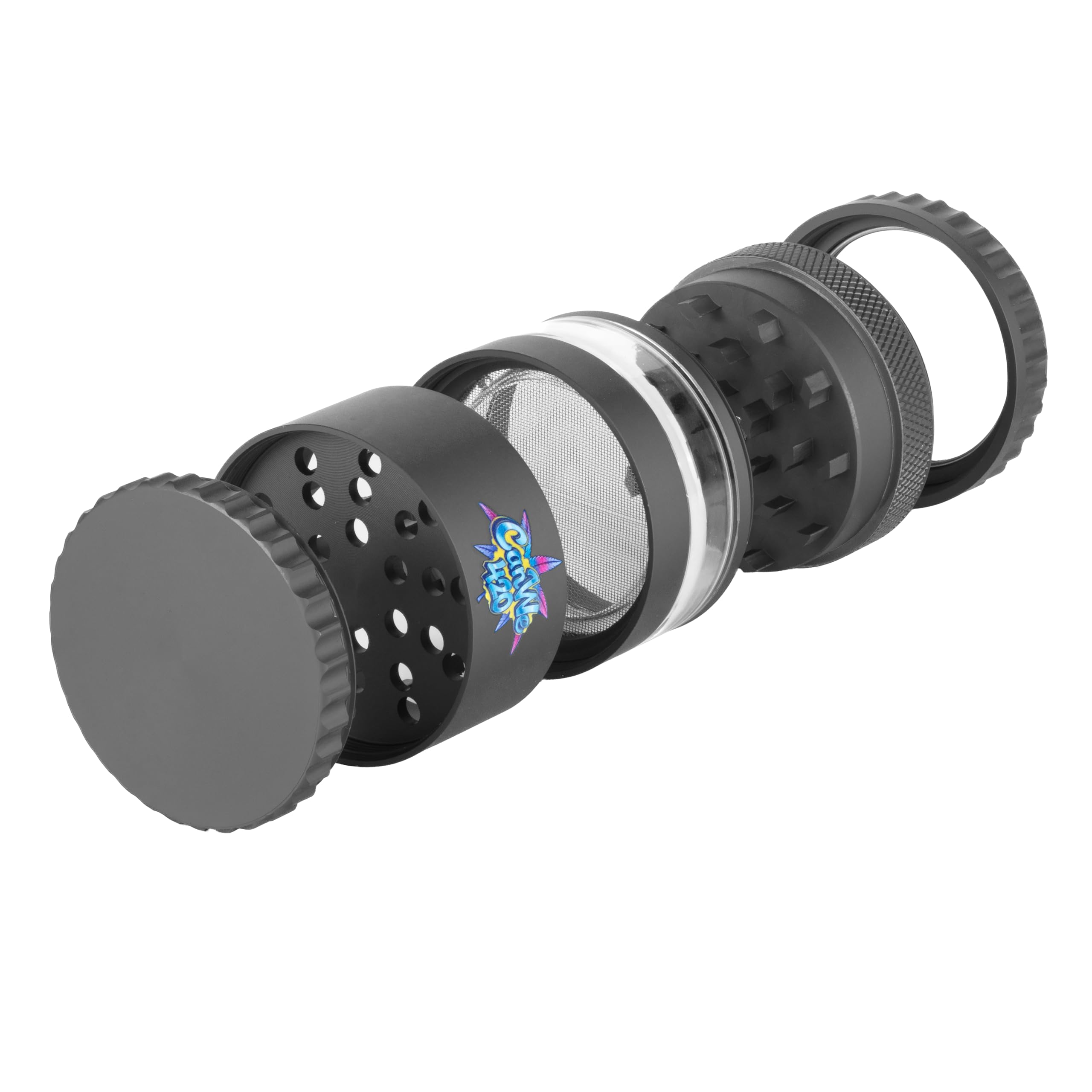 CanWe420 Aluminium Grinder [Mit Lupe & Sichtfenster] – 4-teiliger Metallgrinder Grau (inkl. Pollensieb & Magnetdeckel) – Grinder für Kräuter & Blüten (Effizient & Präzise)