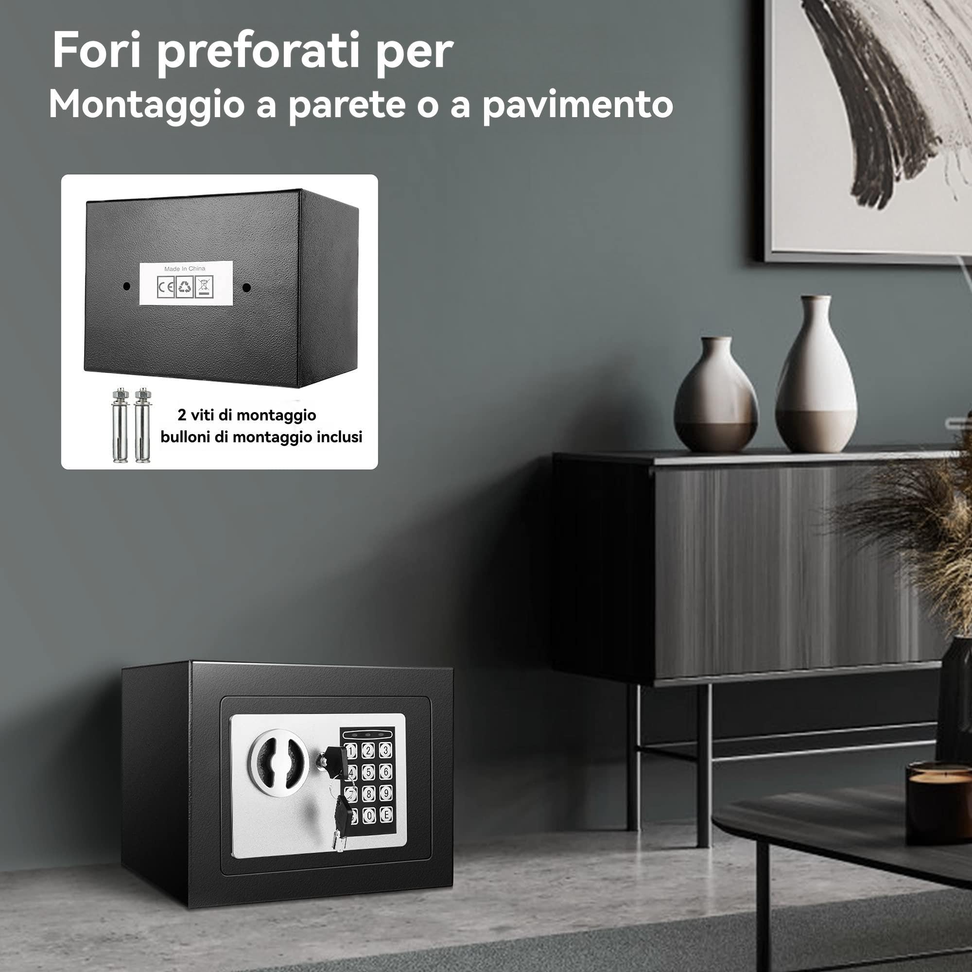 6,5L Compatta Cassaforte Ignifuga e Impermeabile – Cassaforte Elettronica per Armadi con Doppi Bulloni in Acciaio, Rivestimento in Velluto e Chiavi di Emergenza, 23 x 17 x 17 cm